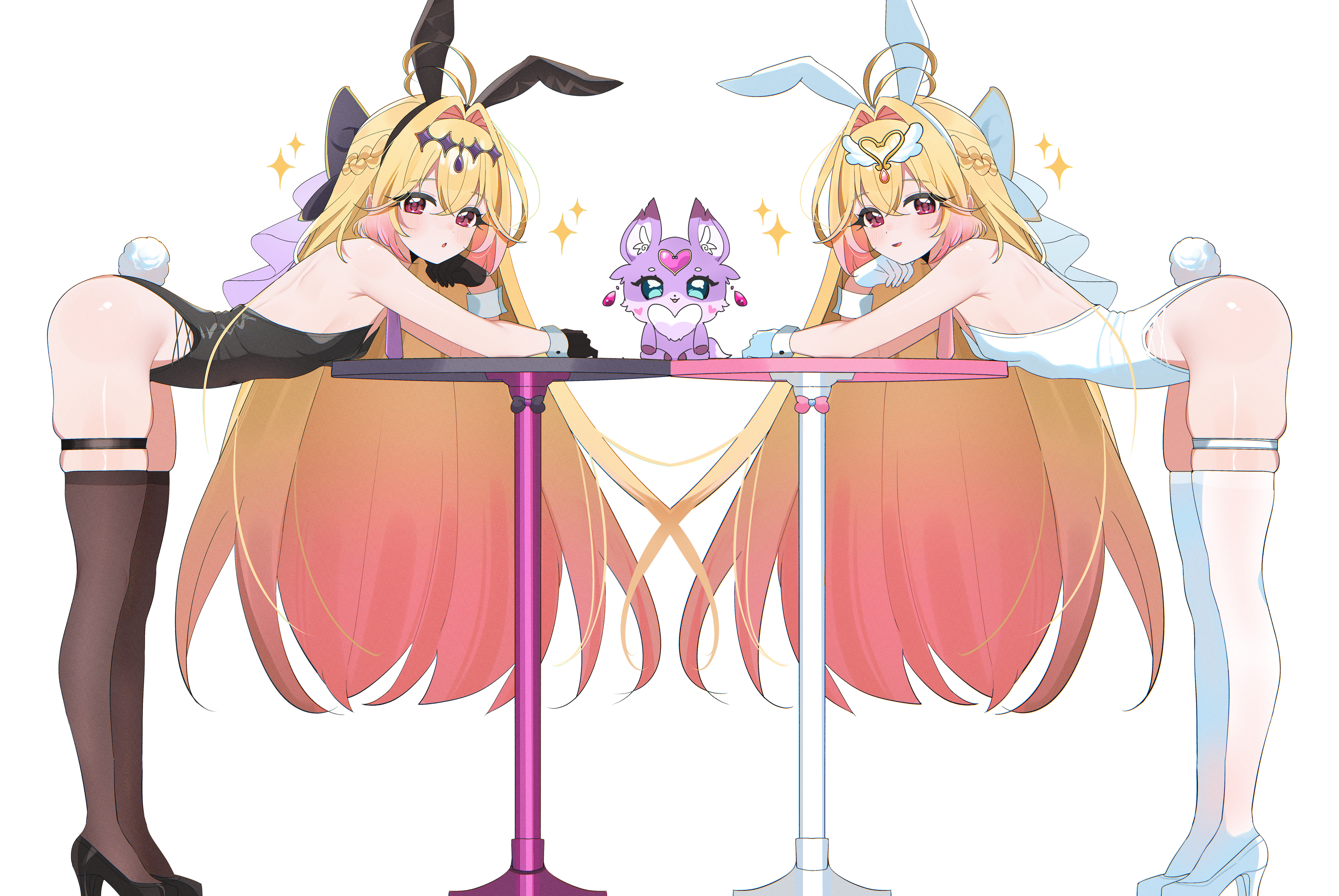 2girls, absurdres, antenna hair, bare shoulders, bent over, black gloves, black hairband, black leotard, black ribbon, black shoes, black thighhighs, black tiara, blonde hair, blush, braid, breasts, bunnysuit, commentary, cure arcana, cure arcana shadow, female, female focus, gloves, gradient hair, hair intakes, hair ribbon, hairband, high heels, high resolution, highres, legs, leotard, long hair, looking at viewer, mashu-tan, mashutan, meitantei precure!, moria luluka, multicolored hair, open mouth, pink eyes, pink hair, precure, pretty cure, rabbit tail, ribbon, shoes, shusuchii, simple background, skindentation, small breasts, smile, strapless, strapless leotard, table, tail, thigh strap, thighhighs, thighs, tiara, two-tone hair, untranslatable commentary, white background, white gloves, white leotard, white shoes, white tail, white thighhighs, white wrist cuffs, wrist cuffs