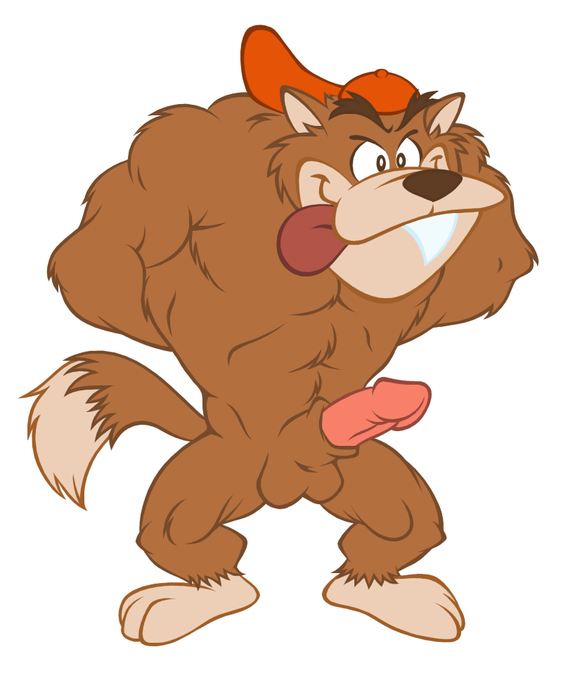 3_toes anthro barefoot baseball_cap beige_fur beige_skin brown_fur brown_nose canine closed_mouth color dilgearwolfang erection eyebrows fangface fangface_(character) flat_colors front_view fur furry furry_ears furry_tail hands_behind_back hat male male_only muscles no_humans nude open_eyes penis pointy_ears smile solo standing tail testicles tongue tongue_out werewolf