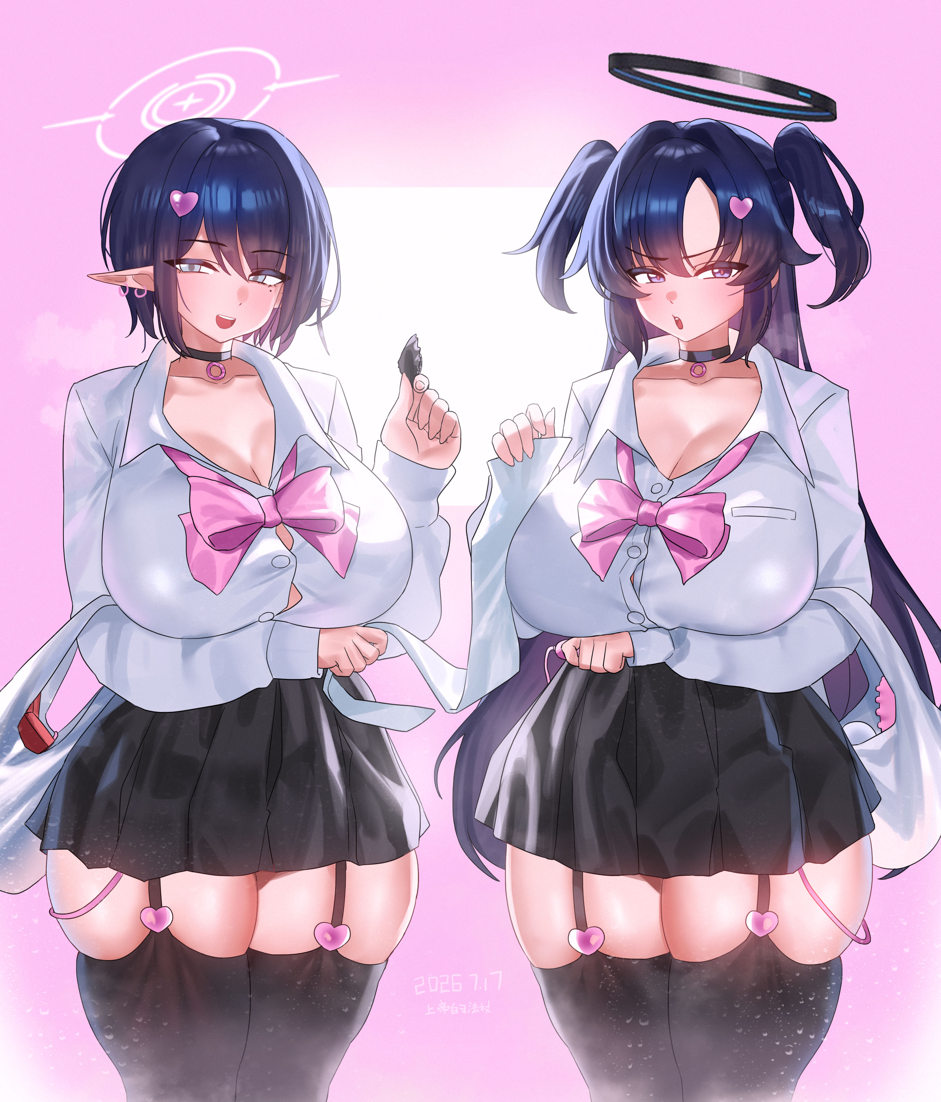 2girls, aoi (blue archive), big breasts, blue archive, choker, earrings, elf ears, halo, huge breasts, mole under eye, pointy ears, school uniform, shangdi de fa zhang, skirt, thick thighs, twintails, yuuka (blue archive)