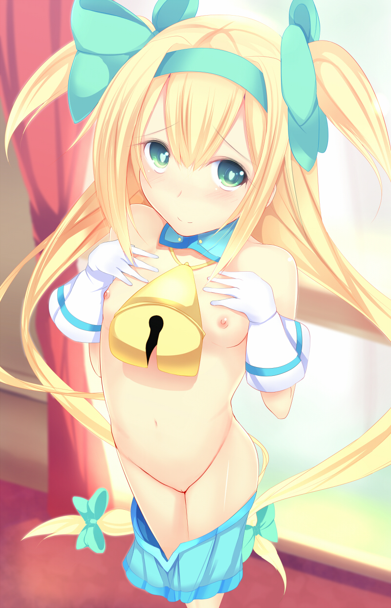 bell blazblue blonde_hair blush breast_suppress breasts daiaru female gloves green_eyes long_hair looking_at_viewer navel nipples nude platinum_the_trinity pussy smile solo standing symbol-shaped_pupils tied_hair twintails uncensored