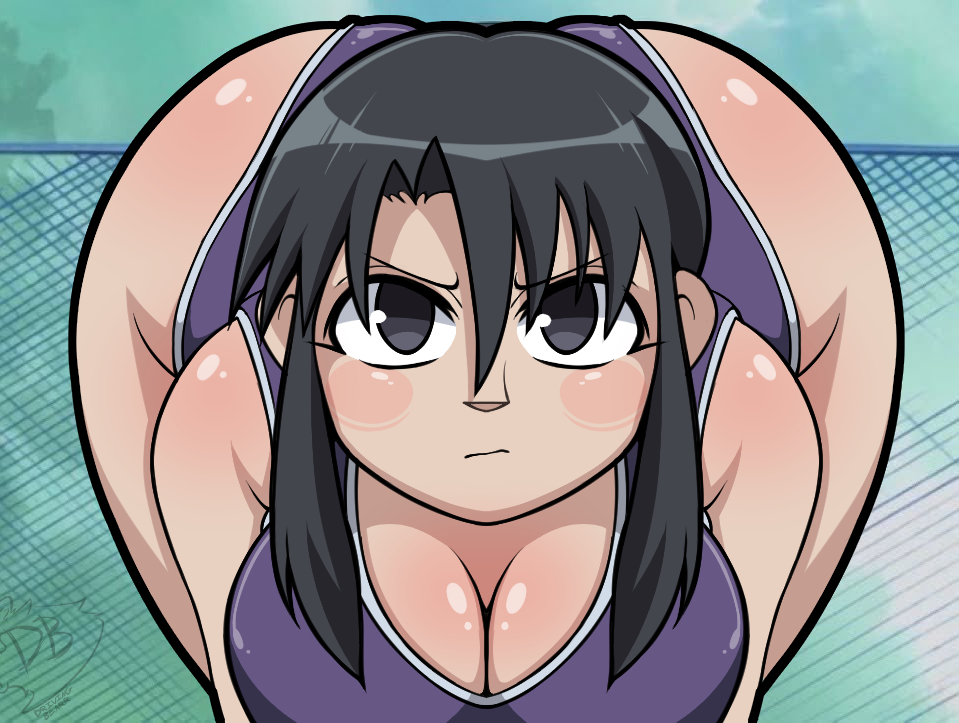 1girls, 2d, 2d (artwork), ass, azumanga daiou, bent over, big ass, breasts, drivingbearr, female, female focus, female only, front facing with ass, huge ass, large breasts, leaning forward, light skin, light-skinned female, looking at viewer, meme, nyamo minamo kurosawa, please look forward to it, solo, swimsuit, thick thighs, thighs, wide hips