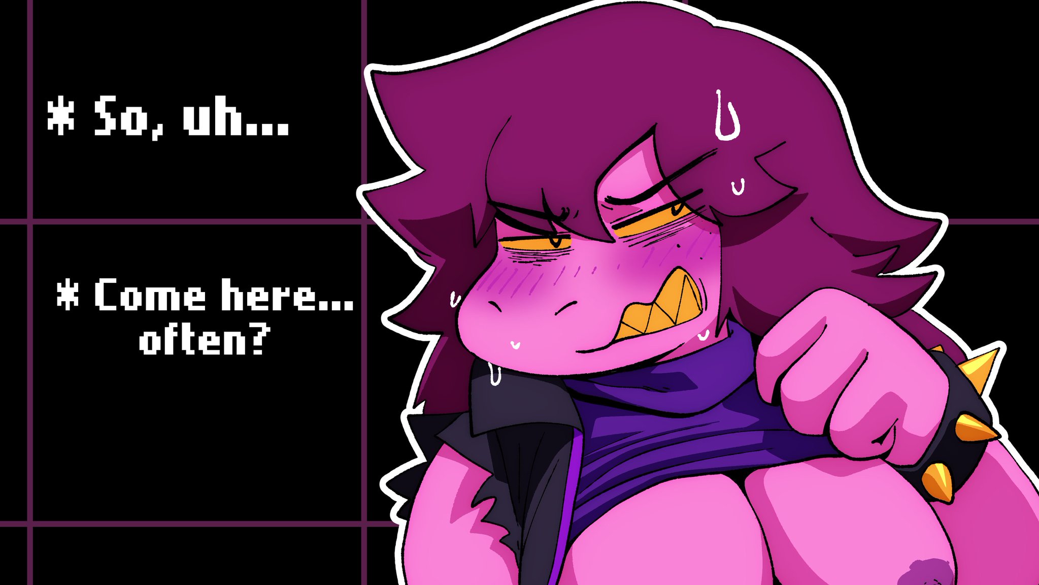 1girls, anthro, areolae, areolae peeking, coolerinker, deltarune, inker comics, inkershike, lifted by self, monster, nervous, nipples, purple hair, scalie, sharp teeth, shirt lift, snout, solo, spiked bracelet, susie (deltarune), sweatdrop, undertale (series), yellow teeth