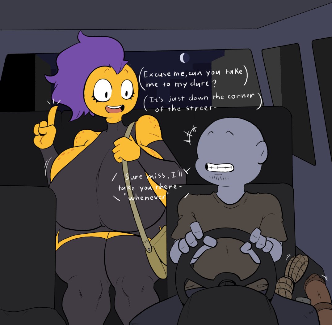 breasts bigger than head, clueless, clueless female, fake taxi, gray hellsing, imminent rape, lua (algob4v), purple hair, purple hair female, yellow skin, yellow skinned female