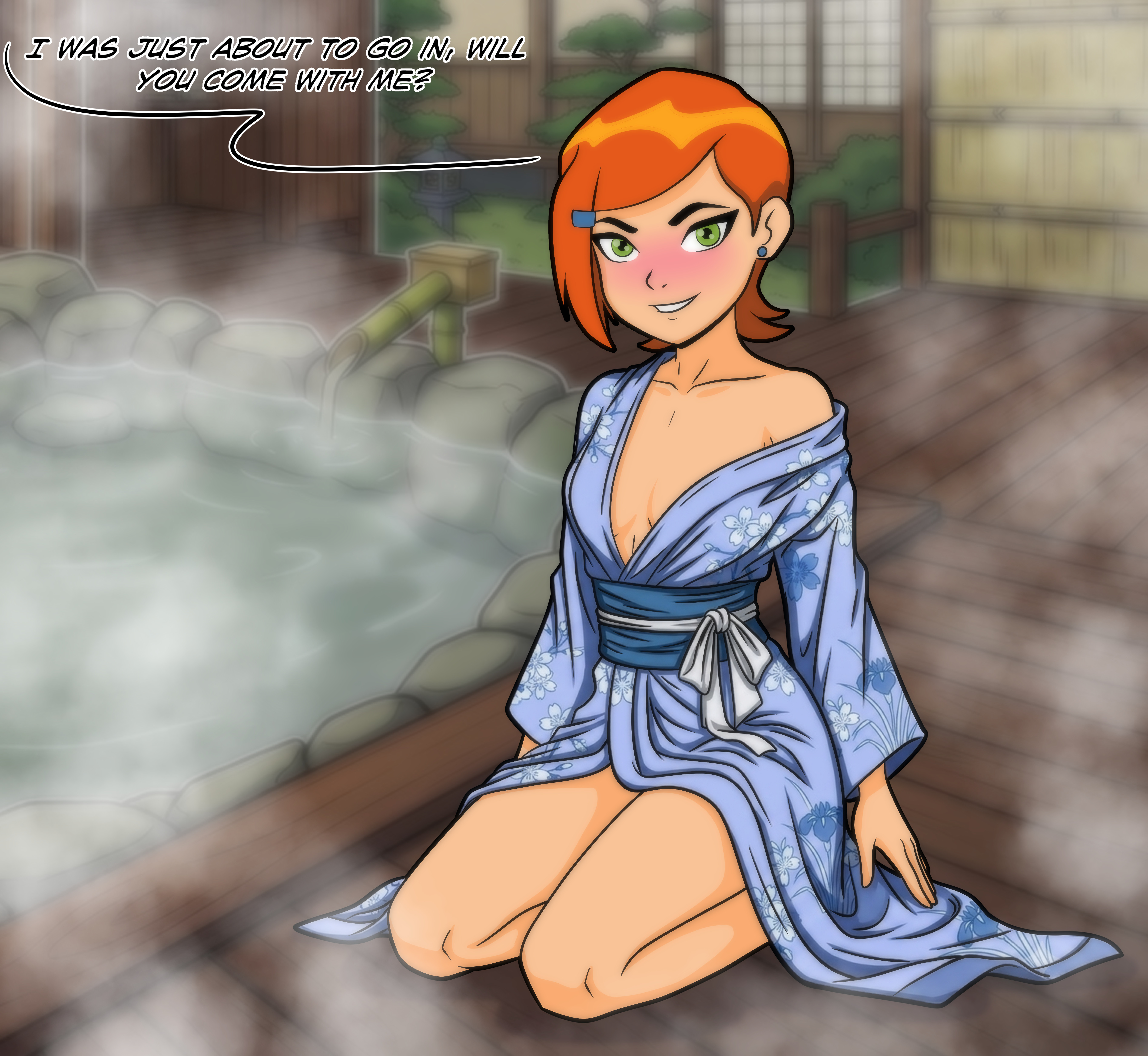 1girls, ben 10, ben 10 (classic), blush, earrings, english text, female, female only, green eyes, gwen tennyson, gwen tennyson (classic), kimono, looking at viewer, red hair, solo, solo female, steam, valker