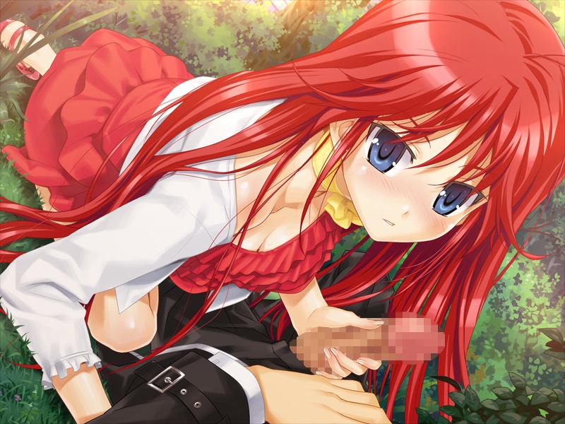 1boy 1girls blue_eyes blush breasts censored classy_cranberry's cleavage female game_cg grass handjob happoubi_jin highres kazanin_yukariko long_hair looking_at_viewer male penis red_hair sitting skirt straight sweat