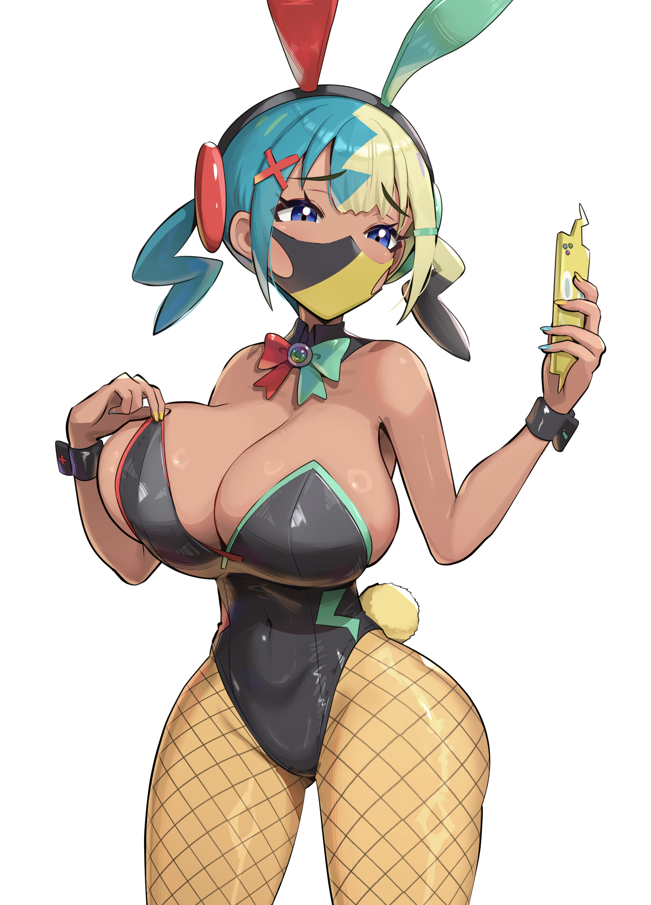 1girls, absurdres, animal ear hairband, animal ears, aqua hair, bare shoulders, black hairband, black leotard, black wrist cuffs, blonde hair, blue eyes, blue nails, blush, bow, bowtie, breasts, bunny ears, bunnysuit, canari (pokemon), canary (pokemon), cellphone, cleavage, commentary request, covered navel, dark skin, dark-skinned female, detached collar, fake animal ears, fake tail, fishnet pantyhose, fishnets, gen 4 pokemon, gluteal fold, gonzarez, hairband, highres, holding, holding phone, large breasts, leotard, leotard tug, looking at viewer, mask, mega stone, mouth mask, multicolored hair, nail polish, nintendo, pantyhose, phone, playboy bunny, pokemon, pokemon legends: z-a, rabbit ear hairband, rabbit ears, rabbit tail, rotom, rotom phone, simple background, smartphone, solo, split-color hair, tail, twintails, two-tone hair, two-tone mask, white background, wrist cuffs, yellow mask, yellow nails, yellow pantyhose