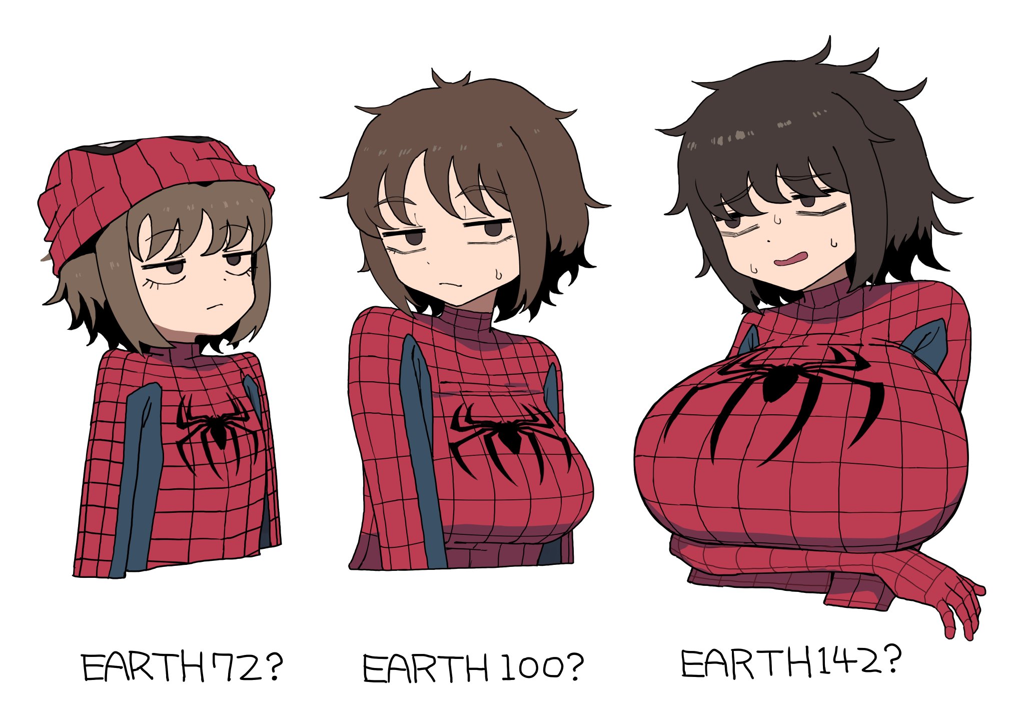 2026, 3girls, big breasts, breast size difference, brown hair, huge breasts, marvel, multiversal counterpart grouping, multiverse, niizuka (c-drop), petra parker, rule 63, small breasts, spider-man (series), spider-woman, superheroine, tagme