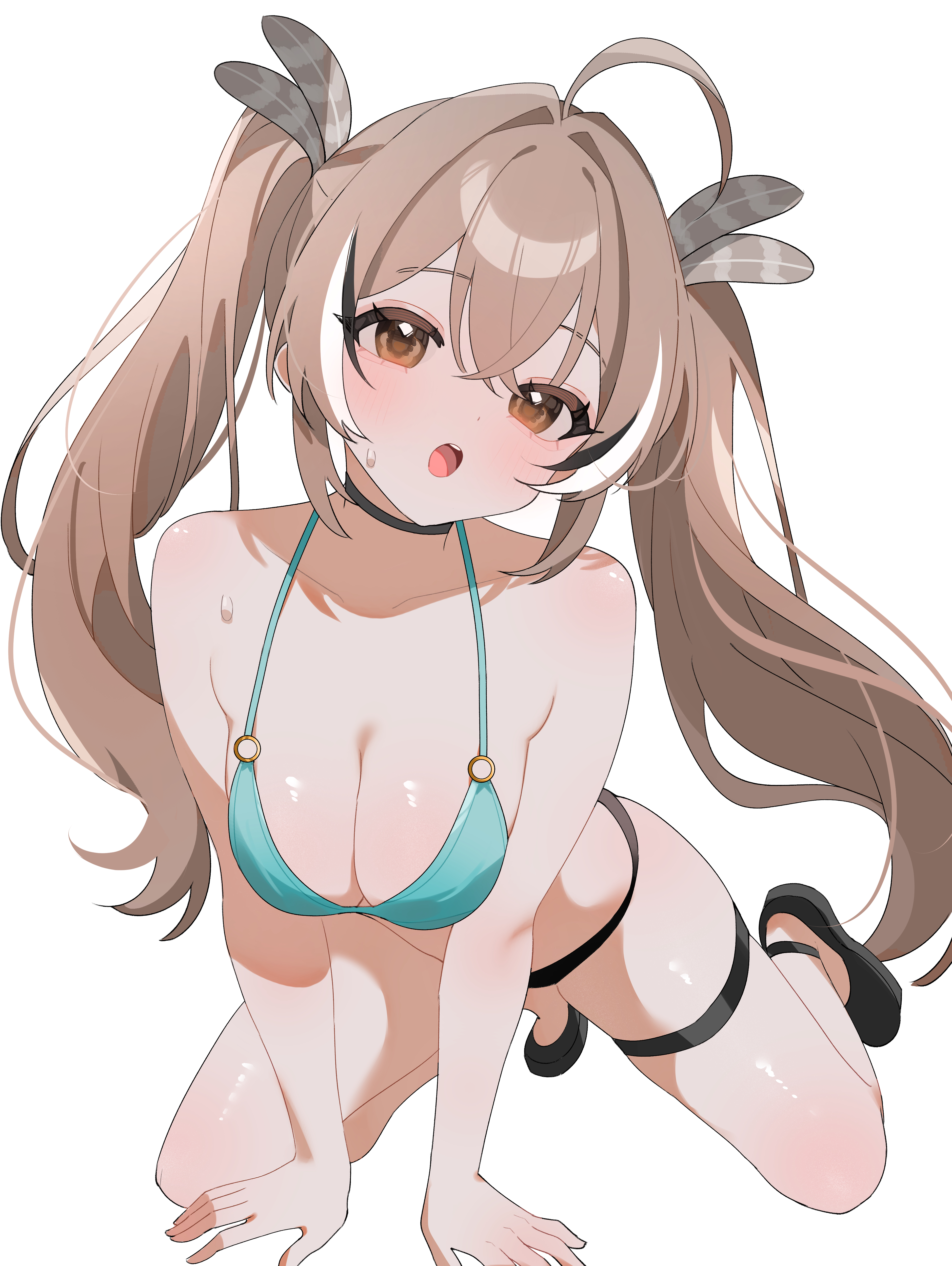 1girls, absurdres, ahoge, all fours, alternate costume, alternate hairstyle, arm support, bare shoulders, bikini, black bikini, black choker, black hair, black shoes, bra, breasts, brown eyes, brown hair, choker, cleavage, commentary, crossed bangs, double-parted bangs, female, female focus, female only, front-tie bikini top, front-tie top, full body, hair between eyes, high resolution, highres, hololive, hololive english, long hair, looking at viewer, medium breasts, mismatched bikini, multicolored hair, nanashi mumei, navel, o-ring, o-ring bikini, open mouth, panties, shoes, shusuchii, simple background, streaked hair, sweat, sweatdrop, swimsuit, teeth, thigh strap, thighs, twintails, underwear, untranslatable commentary, upper teeth only, virtual youtuber, white background, white hair