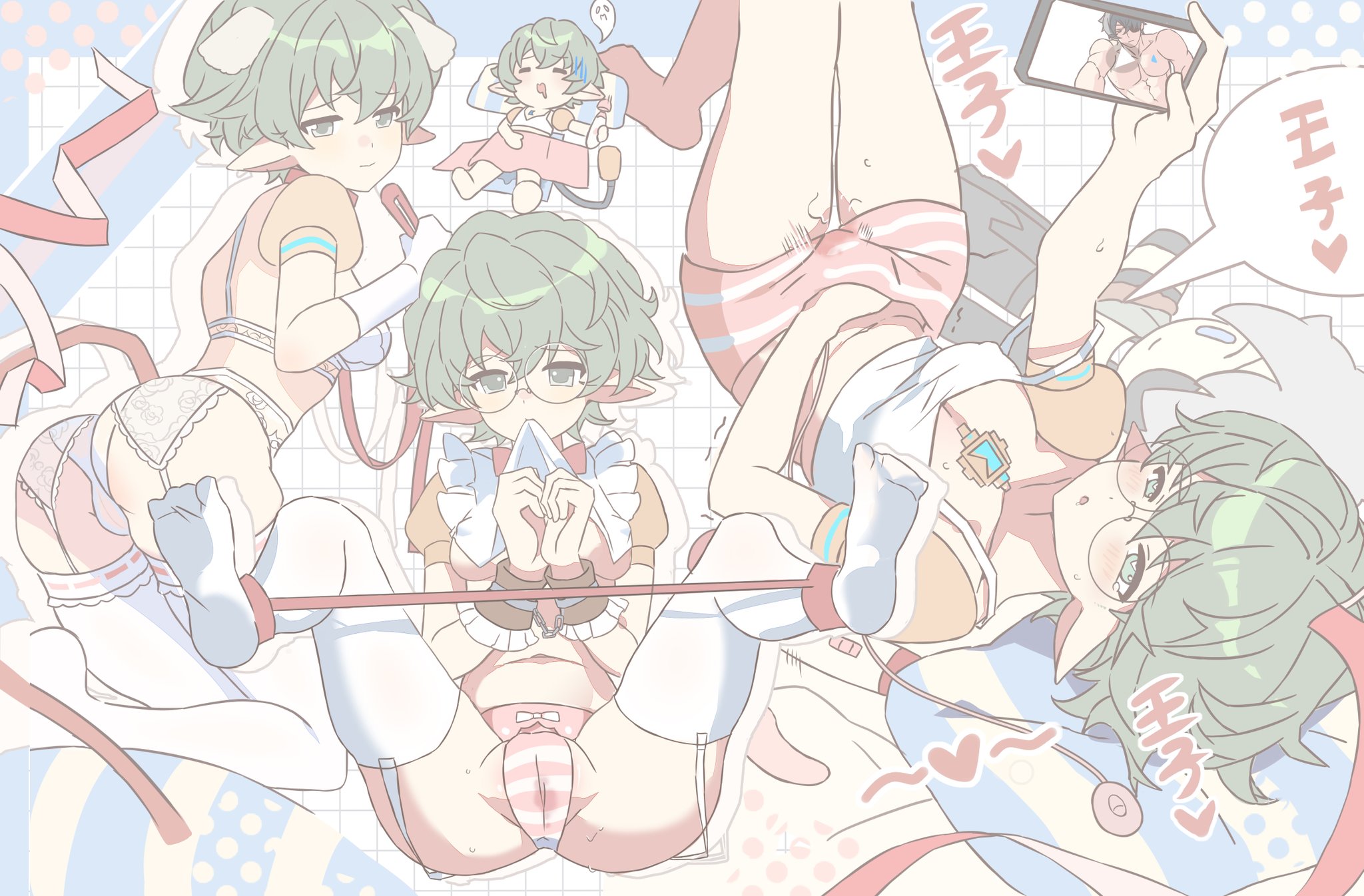 1boy, 1girls, apron, apron lift, aroused, ass, bdsm, bdsm gear, blush, bound, bound legs, bound wrists, breasts, cameltoe, cleavage, clothed, clothed female, clothed masturbation, collar, consensual, consensual bondage, core crystal, cuff (restraint), cuffed wrists, cuffs, dog ears, exhausted, exposed, exposed midriff, exposed pussy, female, female focus, finger fuck, fingering, fingering pussy, fingering self, fluffy, fluffy hair, garter belt, garter belt socks, garter straps, green eyes, green hair, hand in own panties, hand in pants, heart, heart-shaped pupils, hi res, lace, lace trim, lace-trimmed bra, lace-trimmed panties, lace-trimmed thighhighs, leash, leash and collar, leashed collar, legs apart, legs open, legs spread, lifting, lifting own clothes, light skin, light-skinned female, lingerie, lingerie only, lying, lying on back, lying on bed, maid, maid bikini, maid headdress, maid uniform, male, masturbating while watching, masturbation, masturbation through clothing, nipple bulge, nipples, nipples visible through clothing, on back, on bed, pandoria (xenoblade), panties, passed out, phone, phone screen, phone sex, pointy ears, presenting, presenting ass, presenting pussy, pussy, pussy juice, pussy lips, pussy peek, pussy visible through clothes, see-through, see-through clothing, see-through panties, short hair, simple background, small breasts, solo, solo female, solo focus, spread legs, spreader bar, spreading, stephanieh81080, stockings, stockings thigh highs, strap slip, striped panties, tearing up, tears, tears in eyes, tears of pleasure, thick ass, thick thighs, thigh highs, thigh socks, thighhigh socks, thighhigh stockings, thighhighs, thighs, underboob, vagina, vagina visible through clothing, vaginal, vaginal fingering, vaginal fluids, vaginal insertion, vaginal juices, vaginal masturbation, vaginal object insertion, vaginal penetration, vibrator, vibrator cord, vibrator under clothes, wand vibrator, watching, wet, wet panties, wet pussy, white gloves, white lingerie, white panties, white thighhighs, xenoblade (series), xenoblade chronicles 2, zeke von genbu (xenoblade)