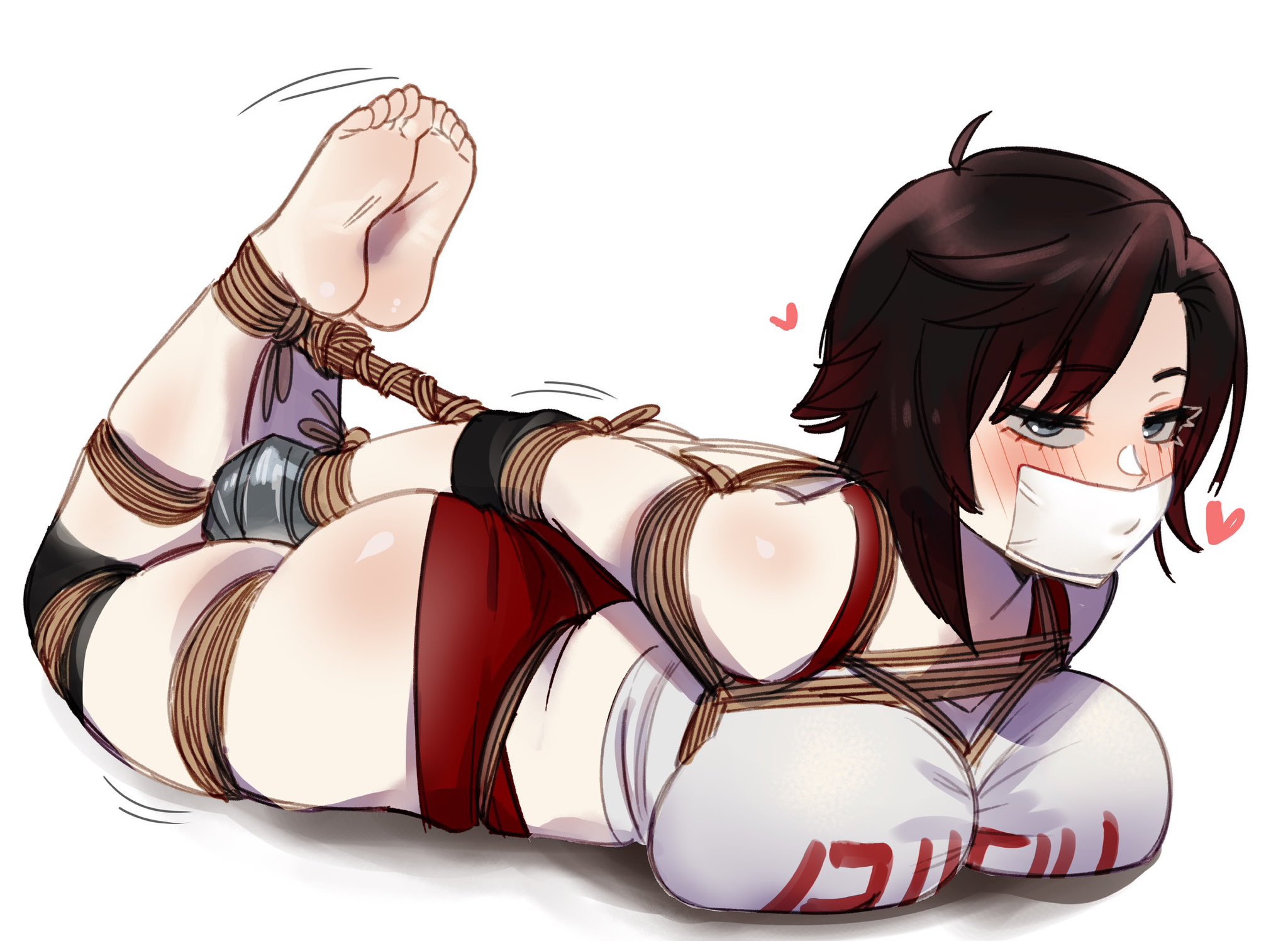 1girls, big ass, big breasts, blush, bondage, bondage gear, bondage harness, bound, bound and gagged, bound ankles, bound arms, bound hands, bound legs, bound torso, bound wrists, femsub, gag, gagged, gagged female, gym uniform, happy sub, hogtie, hogtied, huge breasts, large breasts, pap paprika, red hair, rope, rope between breasts, rope bondage, rope harness, ruby rose, rwby, silver eyes, tape, tape gag, taped hands, taped mouth, tied, tied arms, tied hands, tied legs, tied up