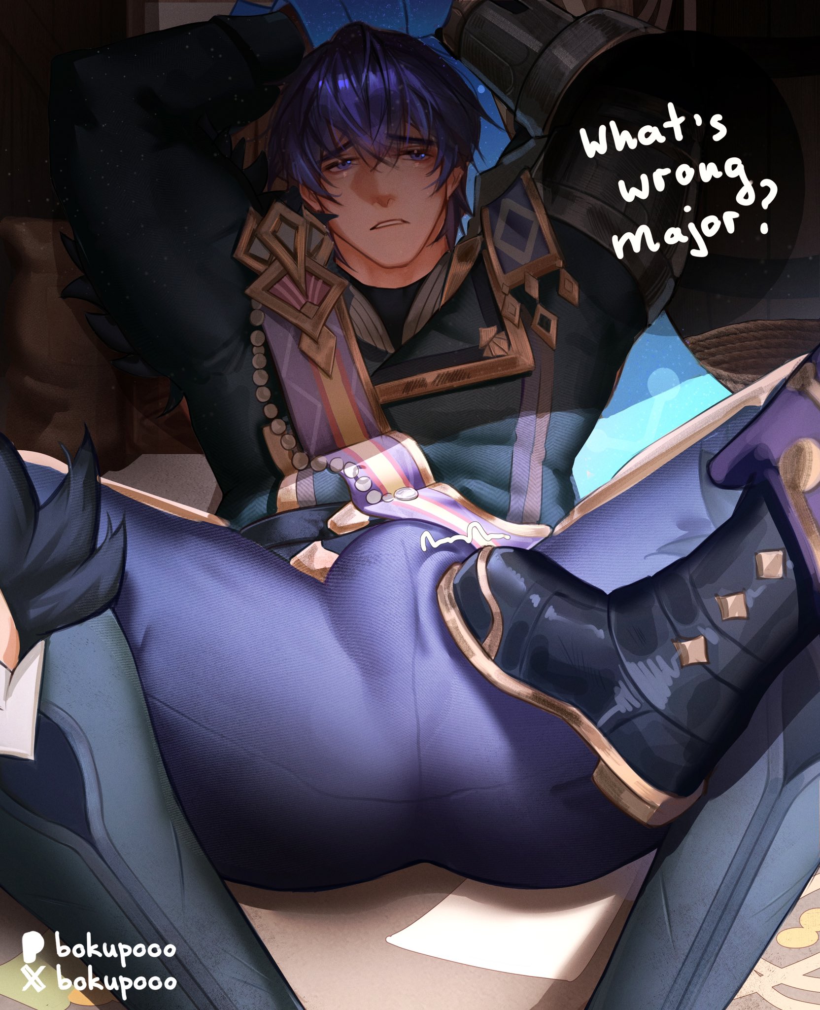 bokupooo, bulge, clothed, clothing, dominant, dominant male, domination, dubious consent, forced submission, fully clothed, gay, genshin impact, male, male focus, male only, mitya (genshin impact), small dom big sub, spread legs, stepping, stepping on bulge, submission, submissive, submissive male, tied, tied hands, tied up, trampling, valeriy (genshin impact), yaoi