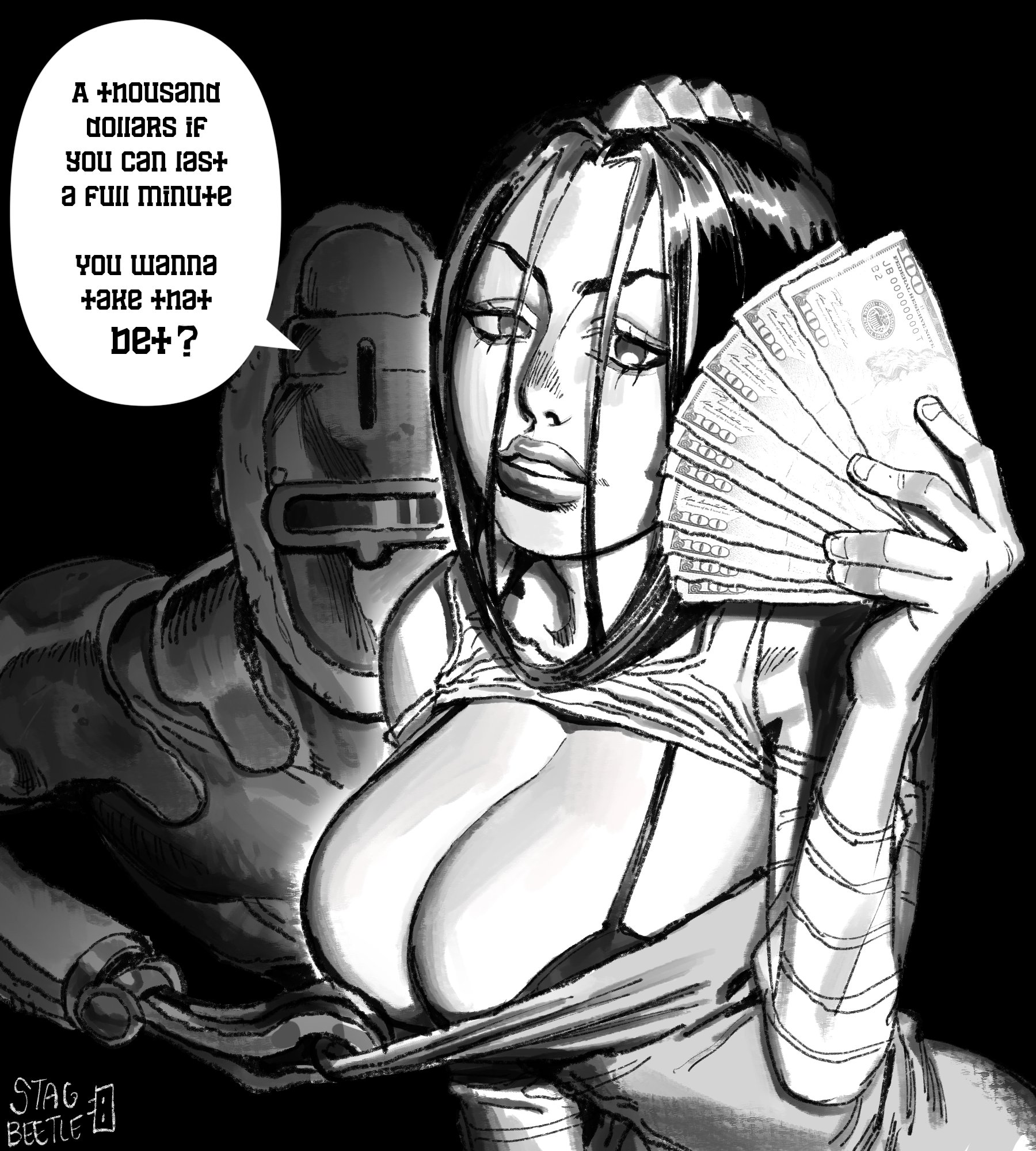 1girls, absurd res, absurd resolution, absurdres, assisted exposure, bet, betting, big breasts, bikini top, black and white, bra, breasts, busty, cleavage, curvaceous, curvy, curvy female, curvy figure, david productions, dialogue, english text, female, female focus, female only, grayscale, greyscale, hi res, high resolution, highres, holding money, huge breasts, jojo's bizarre adventure, large breasts, light skin, light-skinned female, miraschon, money, monochrome, namnums, presented by another, presenting, presenting breasts, prostitution, shirt down, shirt pull, shounen jump, simple background, solo, solo female, solo focus, speech bubble, stagbeetle, stand (jjba), stone ocean, tagme, text, thick thighs, thighs, voluptuous, voluptuous female