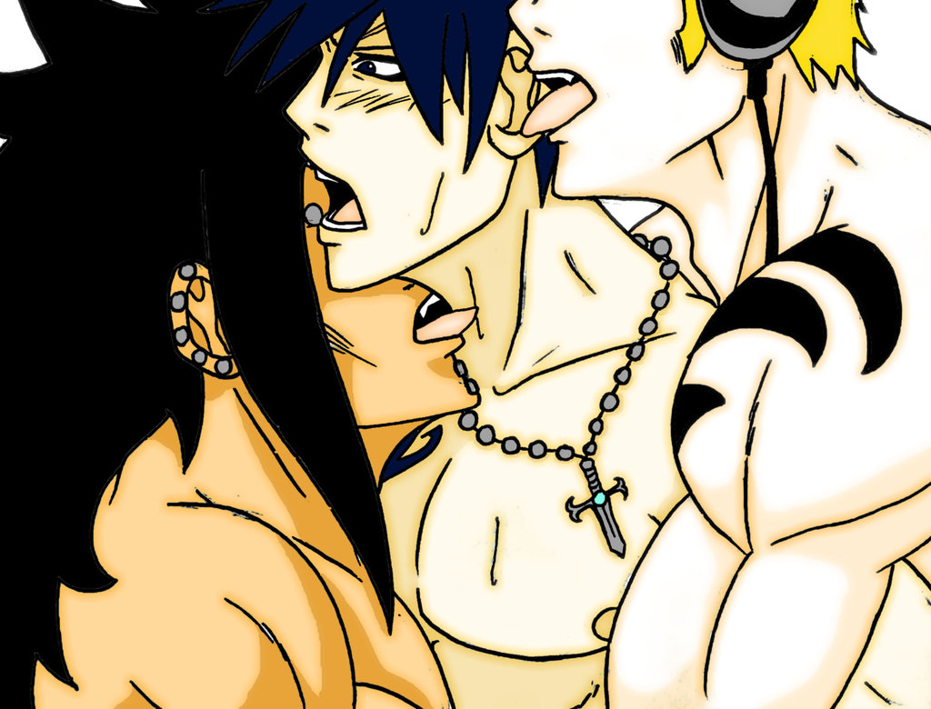 3boys bara devileyes90 fairy_tail gajeel_redfox gay gray_fullbuster laxus_dreyar licking male male_only multiple_males necklace pecs piercing tattoo tongue tongue_out topless trio uncensored yaoi