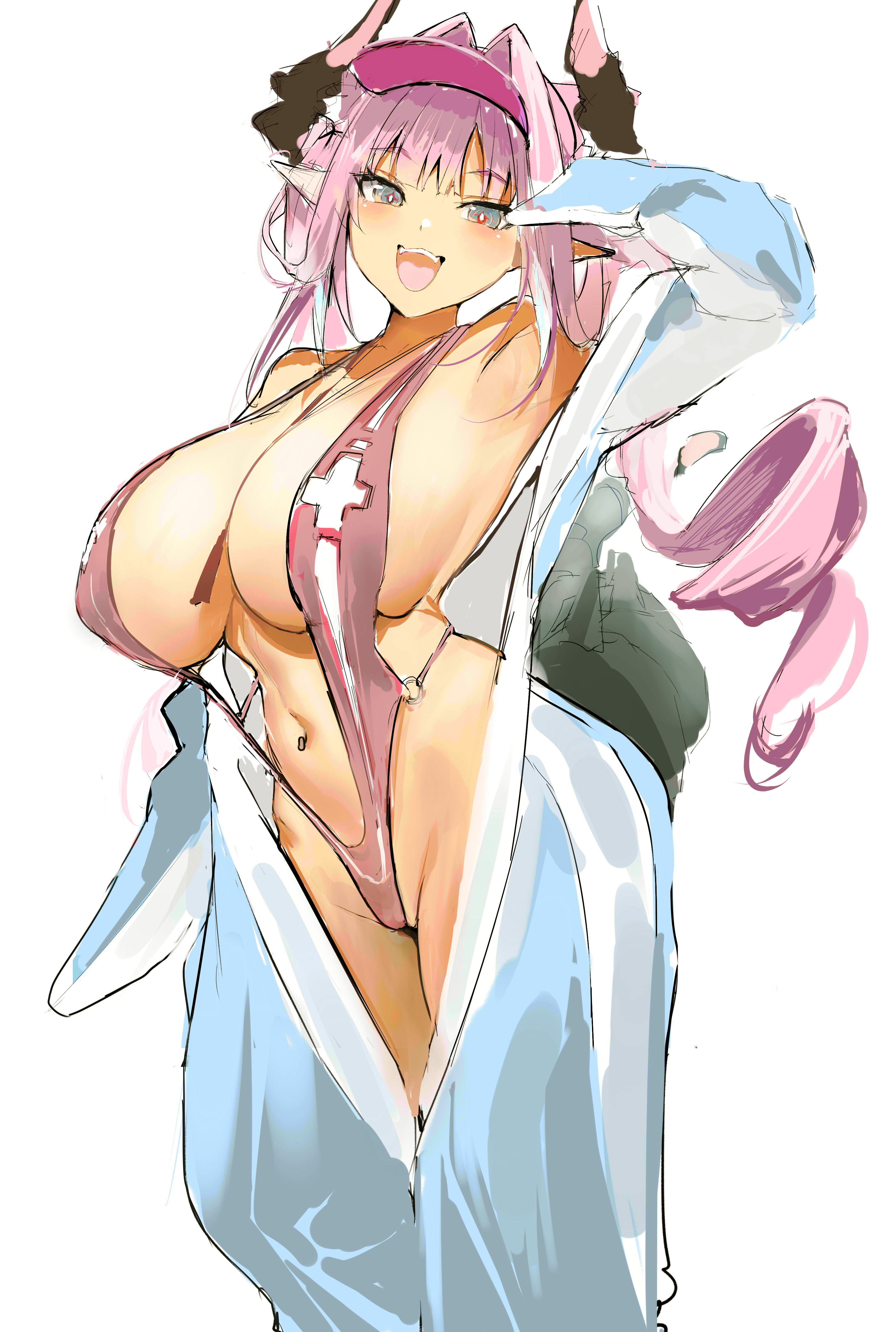 1girl, absurdres, animal costume, arknights, arknights: endfield, armpits, breasts, commentary, cosplay, dragon girl, dragon horns, dragon tail, goddess of victory: nikke, hair intakes, highres, horns, huge breasts, long hair, looking at viewer, marciana (marine study) (nikke), marciana (nikke), marciana (nikke) (cosplay), multicolored horns, navel, open mouth, penguin costume, pink hair, pointy ears, porroll, red slingshot swimsuit, simple background, slingshot swimsuit, smile, solo, stomach, swimsuit, tail, two-tone horns, very long hair, visor cap, white background, yvonne (arknights: endfield)