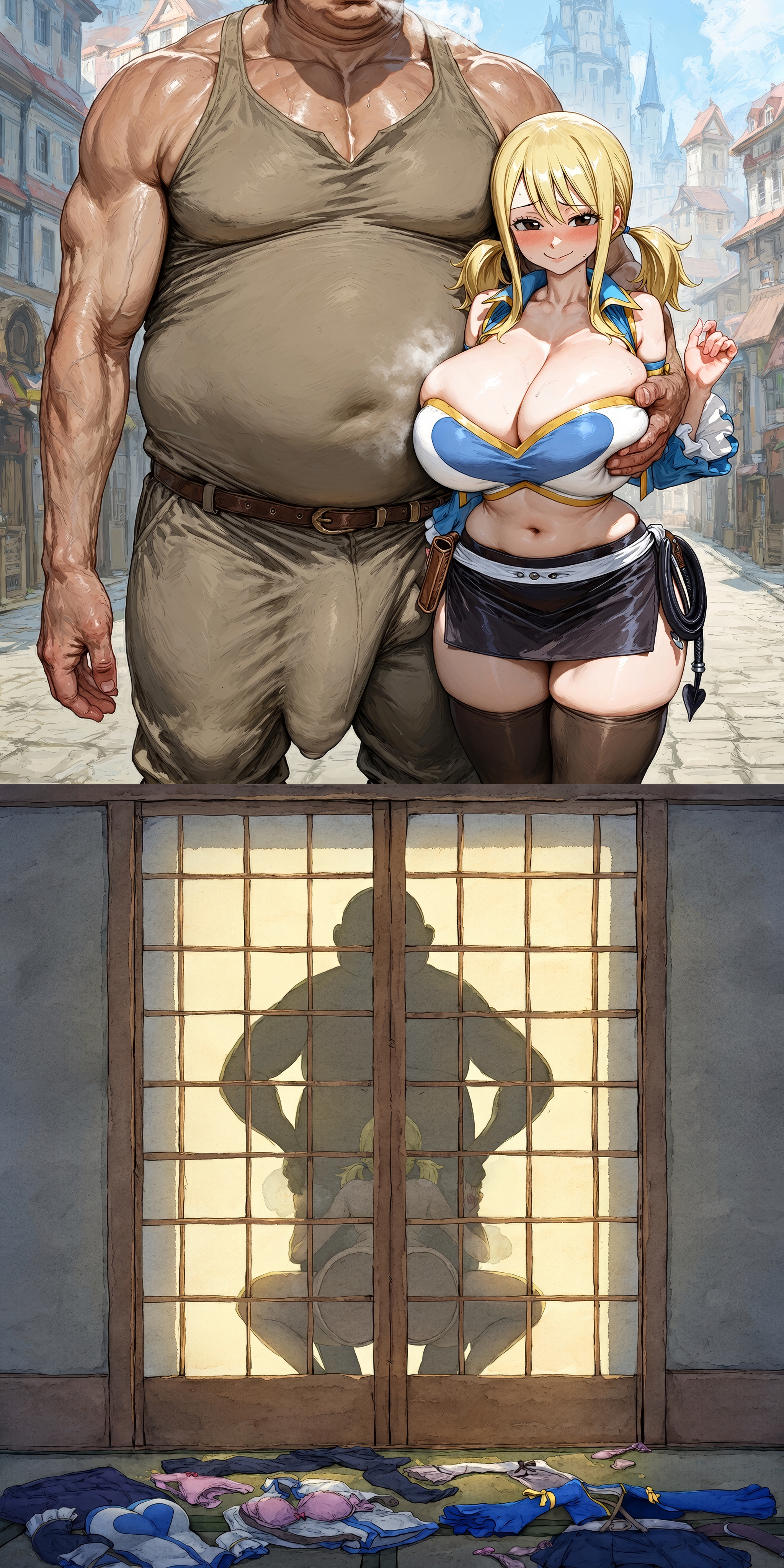1boy, 1boy1girl, 1girls, 2koma, age difference, ai generated, ass, before and after, behind door, big ass, big boobs, big breasts, big butt, blonde, blonde female, blonde hair, blonde hair female, blonde-haired female, blush, boobs, breast grab, breasts, bulge, bulge through clothing, butt, city, clothed, clothed female, clothing, fairy tail, fat male, female, front view, hidden sex, huge ass, huge breasts, huge butt, implied fellatio, implied oral, implied sex, legs apart, legs spread, legwear, light skin, light-skinned female, lucy heartfilia, male, male/female, older male, older male and younger female, outside, pale skin, pale-skinned female, penis bulge, round ass, round butt, see through, silhouette, silhouette sex, silhouetted body, size difference, skirt, smaller female, sneaky sex, spread legs, squatting, standing, taller male, thick thighs, thighs, town, ugly bastard, ugly man, undressed, upscaled, used condom