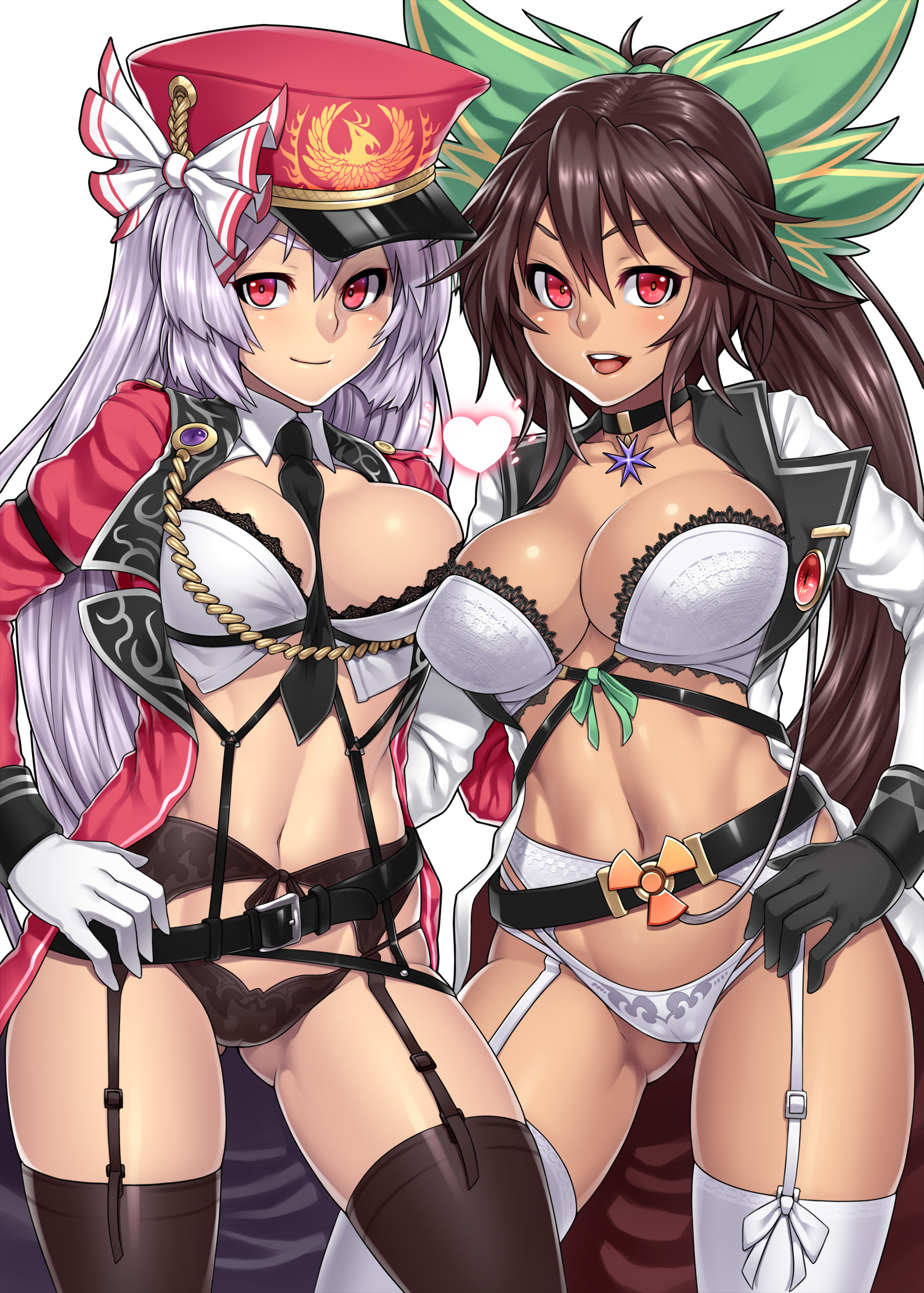 2girls, belt, black legwear, black panties, bow, bra, breasts, brown hair, cameltoe, choker, cleavage, closed mouth, color, female, female only, front view, fujiwara no mokou, garter belt, garter straps, gloves, hairbow, hand on hip, hat, heart, highres, houtengeki, large breasts, long hair, looking at viewer, multiple females, multiple girls, navel, necktie, necktie between breasts, open eyes, open mouth, panties, pussy, red eyes, smile, standing, tan skin, thighhighs, touhou, underwear, utsuho reiuji, white background, white bra, white legwear, white panties