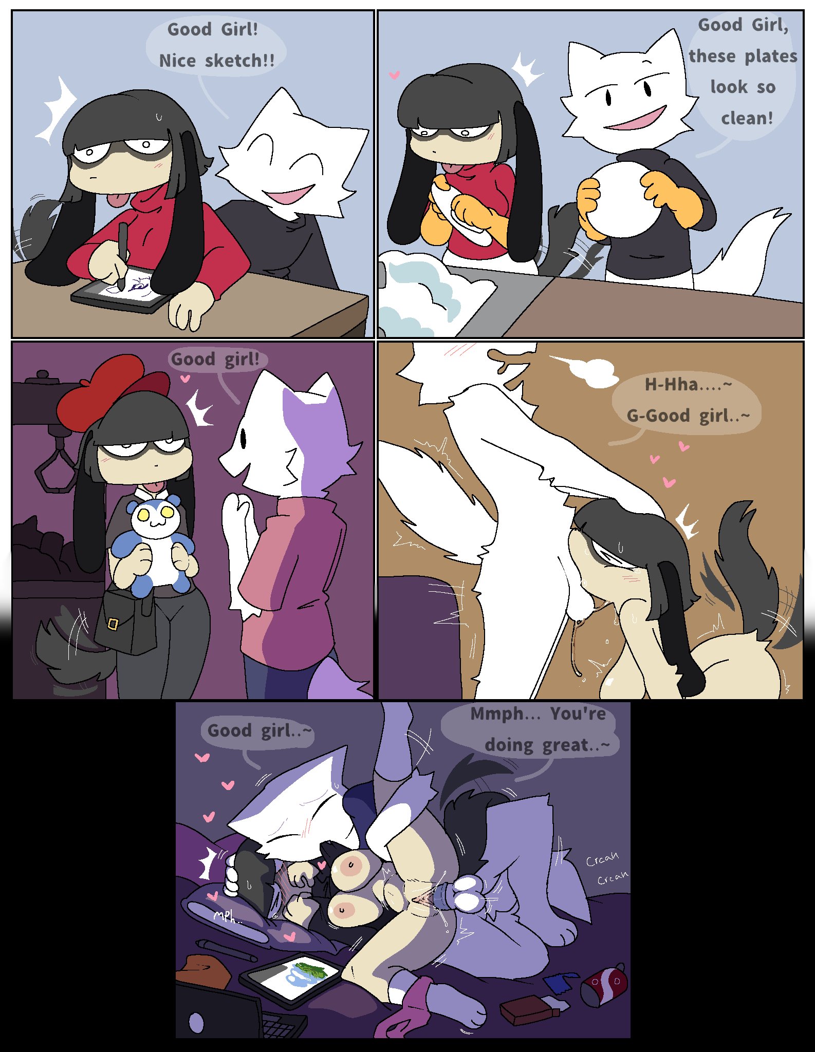 1boy, 1girls, anthro, anthro on anthro, anthro penetrated, blowjob, blush, blush lines, blushing, breasts, condom, condom on penis, deepthroat, drawing tablet, face fucking, fellatio, fur, furry, furry female, good girl, laptop, motion lines, panties, panties around one leg, panties down, pillow, plushie, praise, praise kink, shirt lift, shirt up, sideways, snappy snaz, snazzle snapp, socks, tablet, tail, tailwag, wagging tail, washing dishes