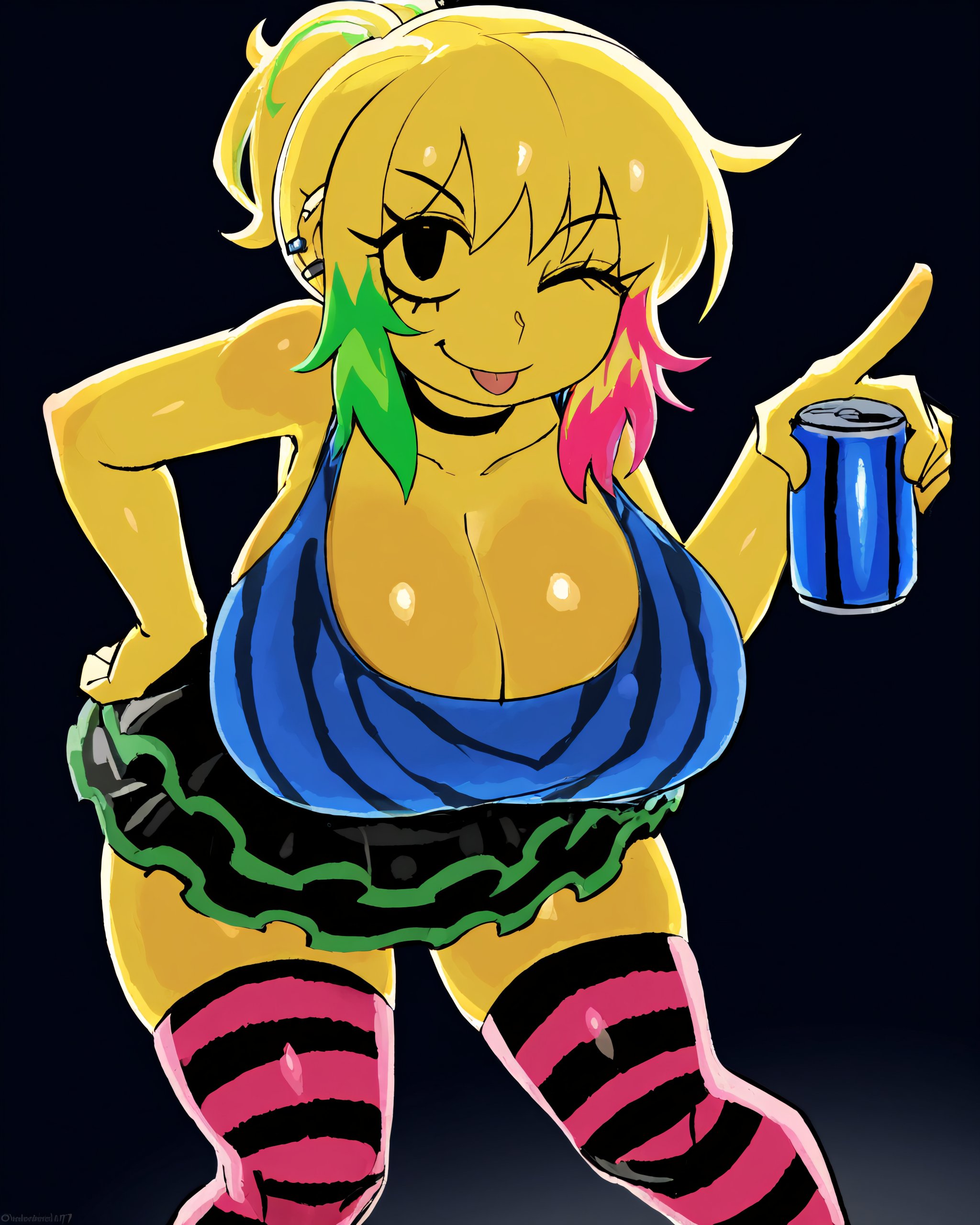 :p, 1girls, absurd res, ai generated, bent forward, bent over, black eyes, black skirt, blue shirt, breasts bigger than head, choker, cleavage, colored sclera, colored skin, ear piercing, falsegate, forsaken (roblox), frilled skirt, genderswap, genderswap (mtf), green hair, hand on hip, highres, holding can, huge breasts, hyper, hyper breasts, large breasts, medium hair, multicolored hair, noob (forsaken), noob (roblox), piercing, pink hair, pink stockings, pointing, roblox, rule 63, scene (fashion), scene noob, self upload, skirt, smile, stable diffusion, standing, stockings, streaked hair, striped stockings, tank top, teid hair, thick thighs, tiger print, tongue, tongue out, twitter link, uncensored, wide hips, wink, winking, winking at viewer, yellow hair, yellow sclera, yellow skin
