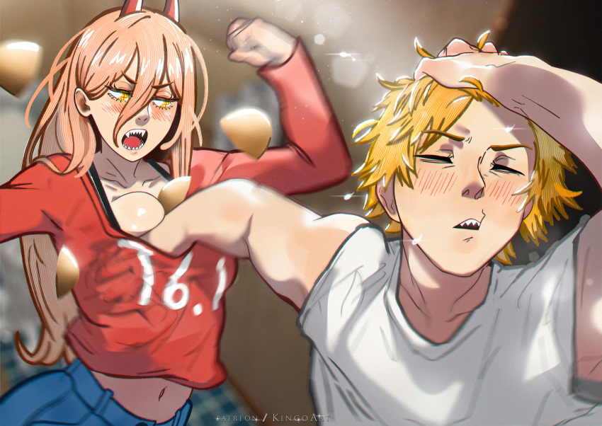1boy, 1girl, artist name, blonde hair, blush, breasts, chainsaw man, closed eyes, color, denji (chainsaw man), female, female focus, grabbing another's breast, groping, horns, large breasts, long hair, male, meme, naoya hair flip, naoya hitting choso without looking (meme), open mouth, power (chainsaw man), sharp teeth, silicone breasts, skirt, stepkingo art, sweat, teeth, yellow eyes