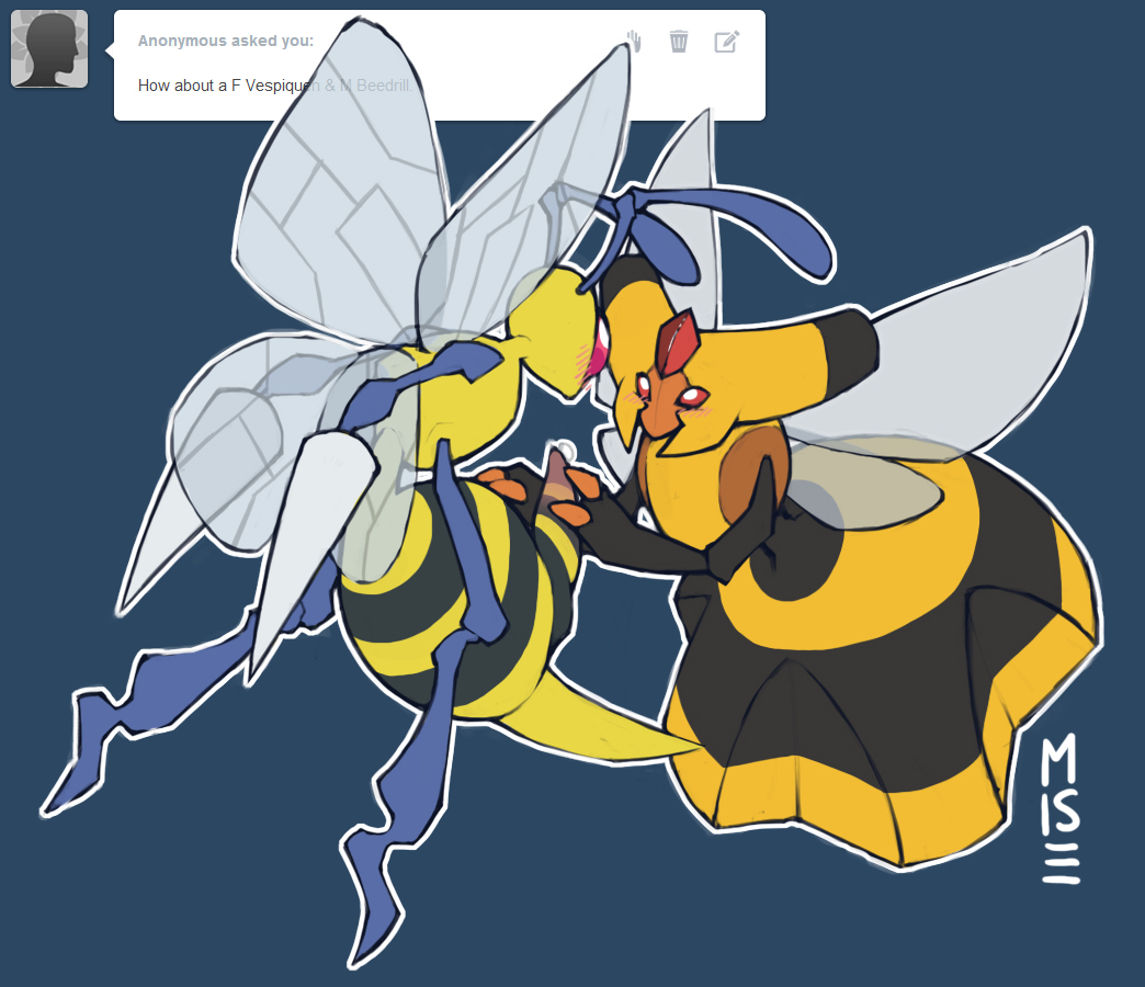 abdomen antennae bee beedrill blush claws erection eye_contact eyes female handjob insects looking_at_another male misericorde nintendo penis plain_background pokemon precum red_eyes sex stinger straight vespiquen video_games wings