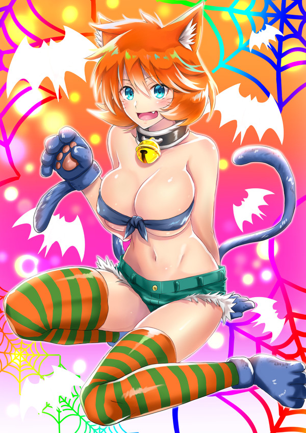 1girls, bare shoulders, bell, big breasts, breasts, cat ears, cat girl, cat tail, catgirl, cleavage, collar, female, female only, human, human only, kasumi (pokemon), nintendo, orange hair, pokemon, pokemon frlg, pokemon gsc, pokemon hgss, shorts, takecha, thighhighs