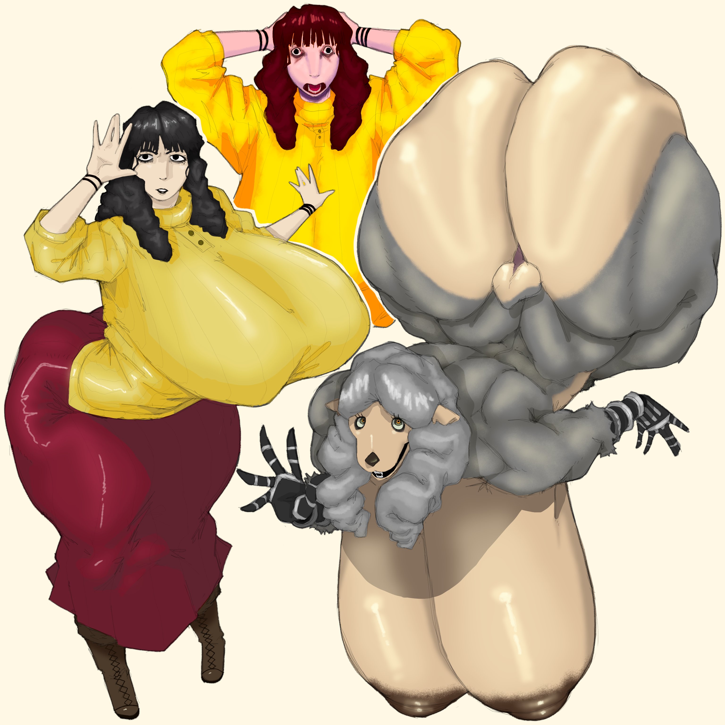 2026, anthro, ass, bangs, bent over, big ass, big breasts, black eyes, black hair, bracelet, bracelets, breasts, clothed, clothed female, clothing, fangs, female, female only, flabbergasted, gigantic ass, gigantic breasts, hands on head, huge ass, huge breasts, human, human female, hyper, hyper ass, hyper breasts, large ass, large breasts, looking at viewer, mature, mature female, mature woman, milf, miserable, mother, mouth open, multiple poses, neutral expression, nipples, no background, open mouth, orange eyes, red skirt, rosemary walten, sha (the walten files), sheep, sheep girl, surprised, surprised expression, surprised face, surprised female, sweater, tellmeyeid, the walten files, thick thighs, turtleneck, turtleneck sweater, white background, white hair, wide hips, yellow sweater, yellow turtleneck