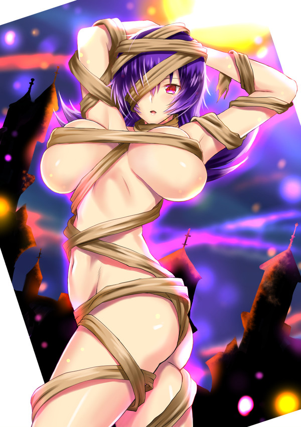 1girls, ass, bad censor, breasts, covering, female, female only, human, large breasts, looking at viewer, mostly nude, mummy, nintendo, open mouth, pokemon, pokemon frlg, pokemon gsc, pokemon hgss, purple hair, red eyes, sabrina (pokemon), takecha, underboob