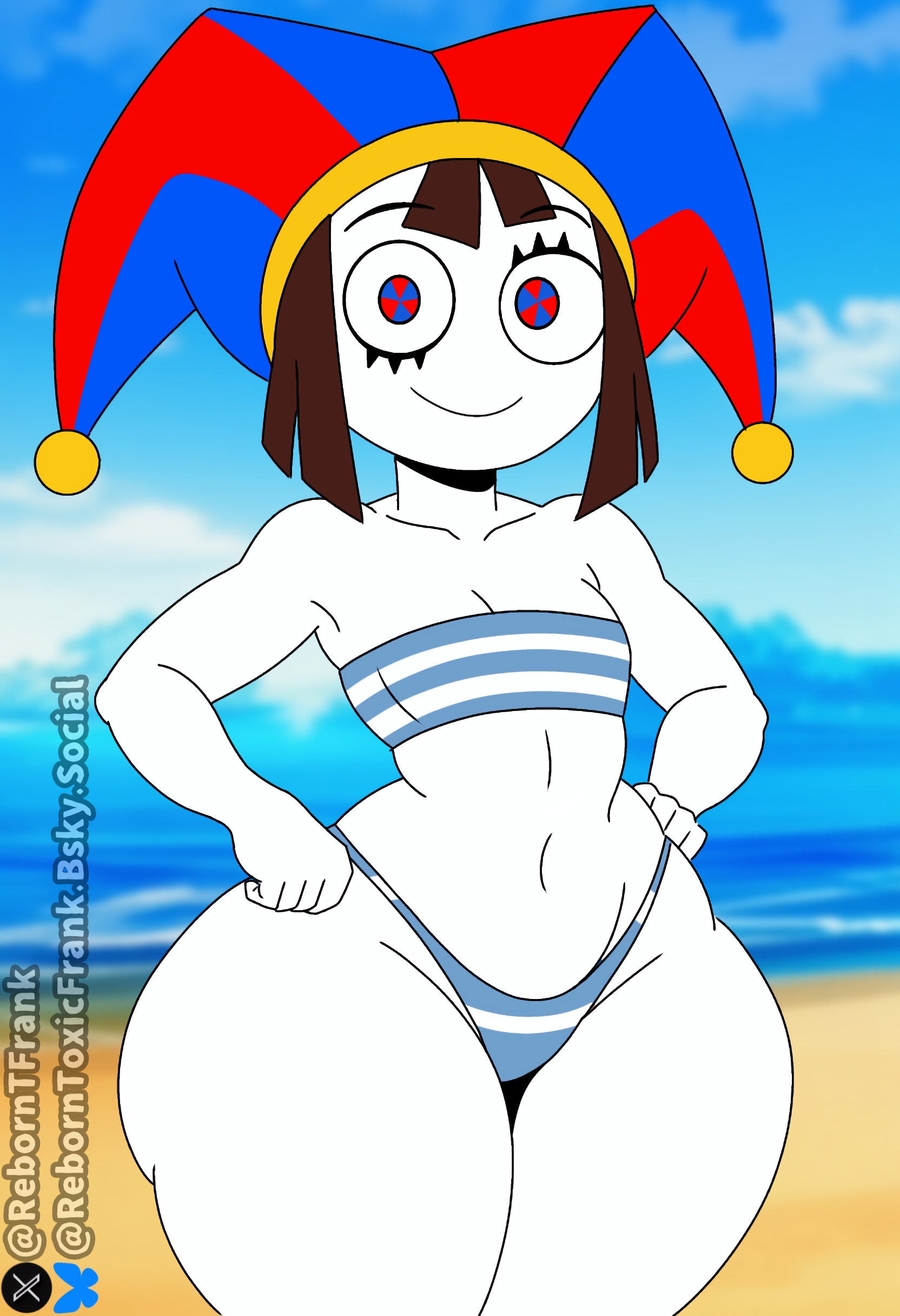 2d, 2d (artwork), beach, female, female only, flat chest, flat chested, glitch productions, huge thighs, jester, jester hat, pale-skinned female, pomni (the amazing digital circus), reborntfrank, self upload, shortstack, swimsuit, the amazing digital circus, thick thighs, white skin