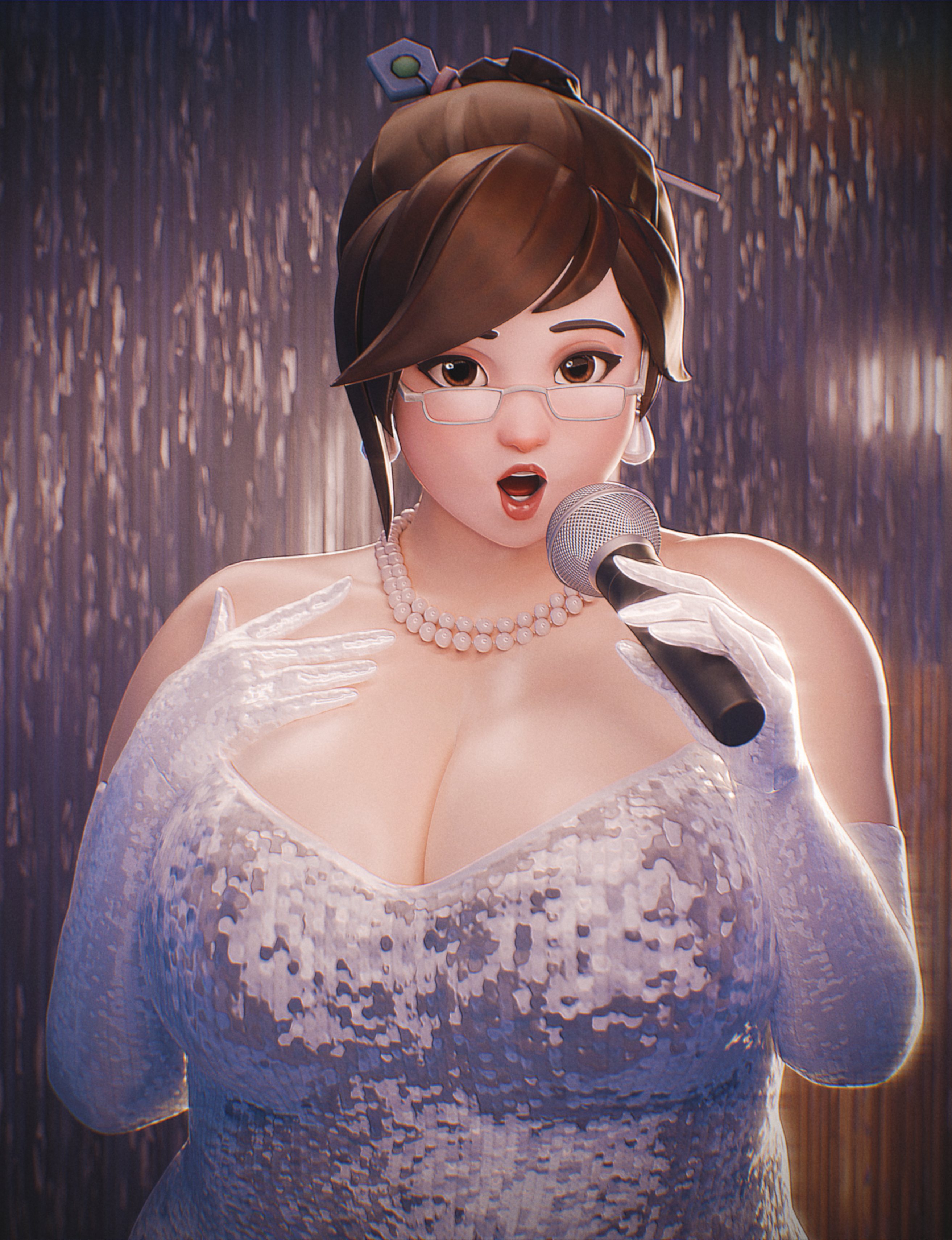 1girls, 3d, absurd res, absurdres, activision, bare shoulders, big breasts, blizzard entertainment, blurry, breasts, brown eyes, brown hair, cleavage, collarbone, depth of field, dress, earrings, elbow gloves, fat, female, female only, fugtrup, glasses, gloves, hair bun, hair ornament, hair stick, hi res, highres, holding, holding microphone, huge breasts, jewelry, looking at viewer, mei (overwatch), mei ling zhou, mei-ling zhou, microphone, necklace, open mouth, overwatch, pearl necklace, plump, protected link, single hair bun, solo, strapless, strapless dress, swept bangs, upper body