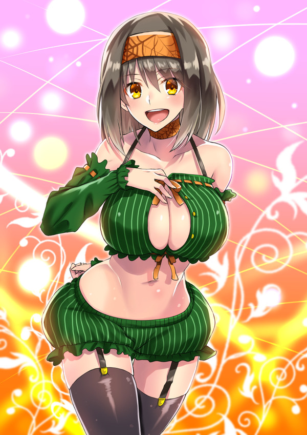 1girls, bare shoulders, breasts, brown hair, choker, cleavage, clothed, erika (pokemon), female, female only, gloves, hairband, human, looking at viewer, nintendo, open mouth, orange eyes, pokemon, pokemon frlg, smile, takecha, thighhighs