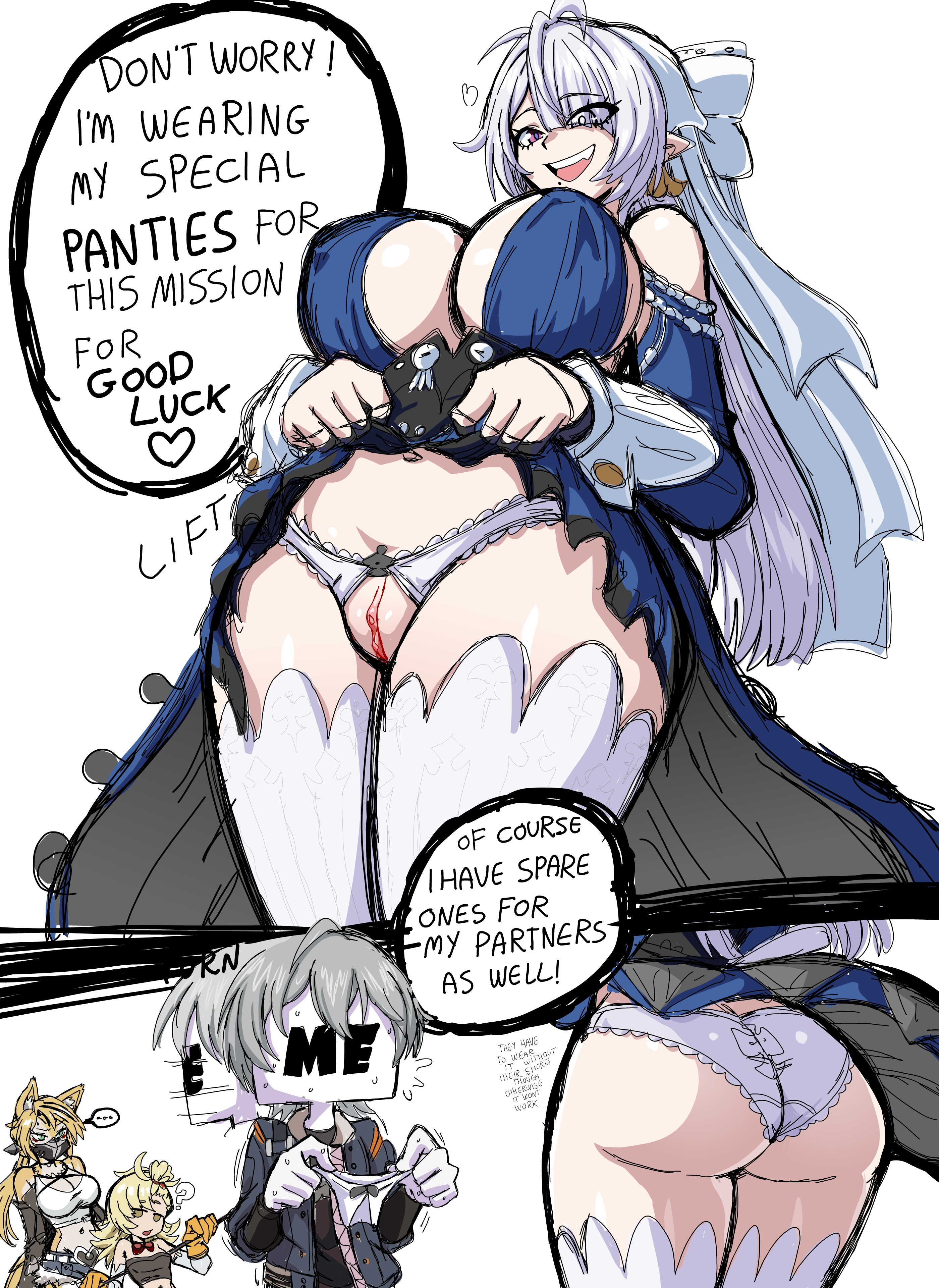 1boy, 3girls, ass, big ass, big butt, breasts, censored, english text, female, female focus, large ass, large breasts, lewdamone, light skin, light-skinned female, male, piper wheel, presenting pussy, pulchra fellini, pussy, text, thick thighs, thighhighs, thighs, velina (zenless zone zero), velina airgid, wide hips, wise (zenless zone zero), zenless zone zero