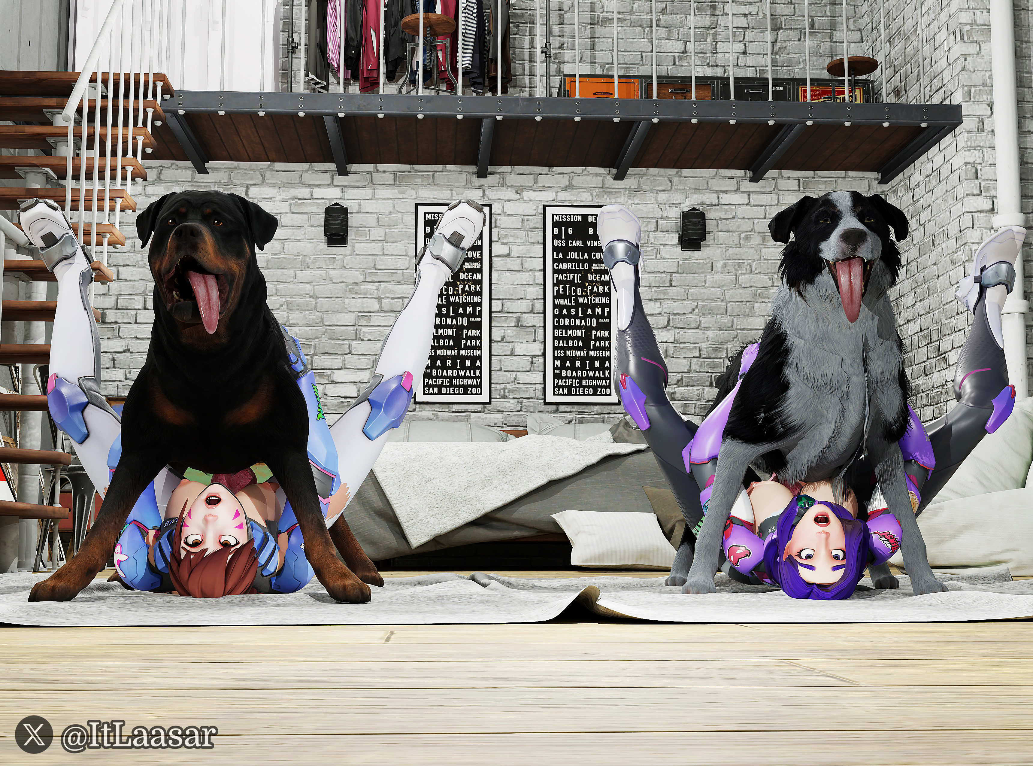 2animal, 2boys, 2dogs, 2girls, 3d, ahe gao, anal, anal sex, animal genitalia, big breasts, blender, blizzard entertainment, canine, canine genitalia, canine on human, canine penis, d.mon, d.va, dog penis, domestic dog, domination, equine, female domination, female on feral, feral, feral on female, feral on human, feral penetrating, feral penetrating human, hana song, horny, horny female, human female, human on feral, interspecies, itlaasar, knot, knotted penis, large penis, legs, makeup, male/female, naughty face, on floor, on ground, open mouth, overwatch, overwatch 2, pale-skinned female, ripped clothing, rottweiler, smile, tagme, yuna lee, zoophilia