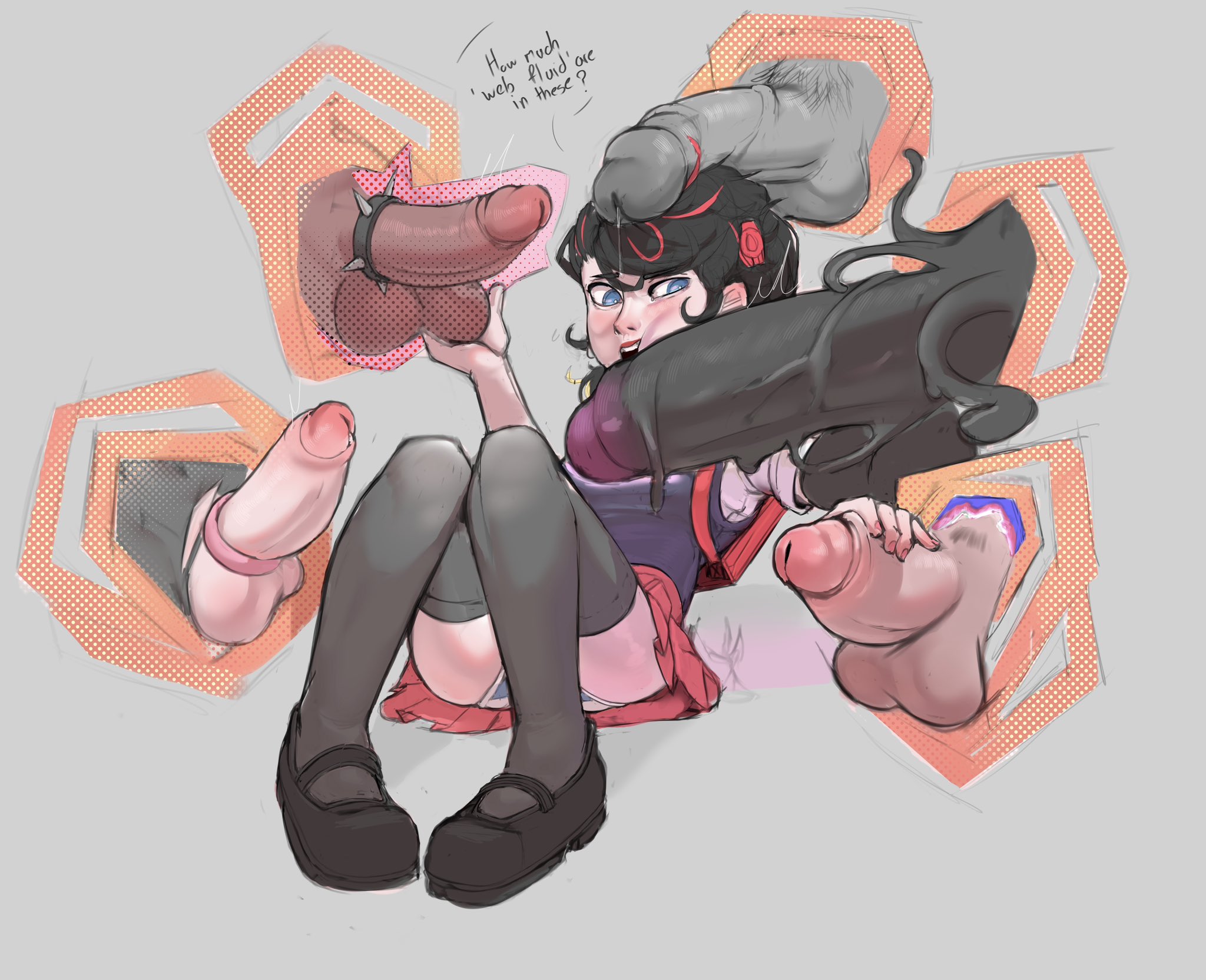 19 inches of venom, 1girls, 2d, 5boys, backpack, black hair, blocked view, blue eyes, blue panties, disembodied penis, disembodied penises, hairclip, marvel, panties, pantyshot, peni parker, penis against cheek, portal, portal gloryhole, portals, red highlights, school uniform, speech bubble, spider-gwen, spider-man (series), spider-man 2099, spider-man noir, spider-man: across the spider-verse, spider-man: into the spider-verse, spider-punk, striped panties, thejadedcynic, venom (marvel)