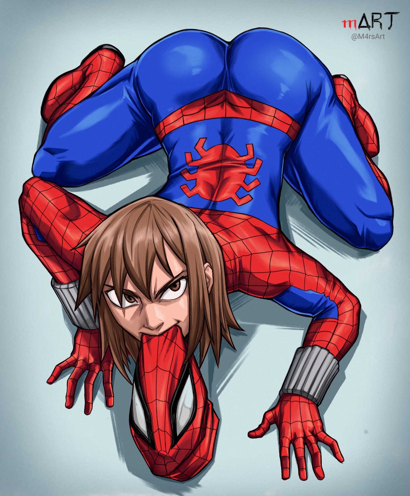 1girls, all fours, ass, ass focus, big ass, bodysuit, brown eyes, brown hair, clothing, female, female focus, female only, huge ass, m4rsart, marvel, marvel comics, mask, petra parker, short hair, solo, solo female, solo focus, spider-man (series), spider-woman, spider-woman by milo manara, superheroine, thick, thick ass, thick thighs, trans woman