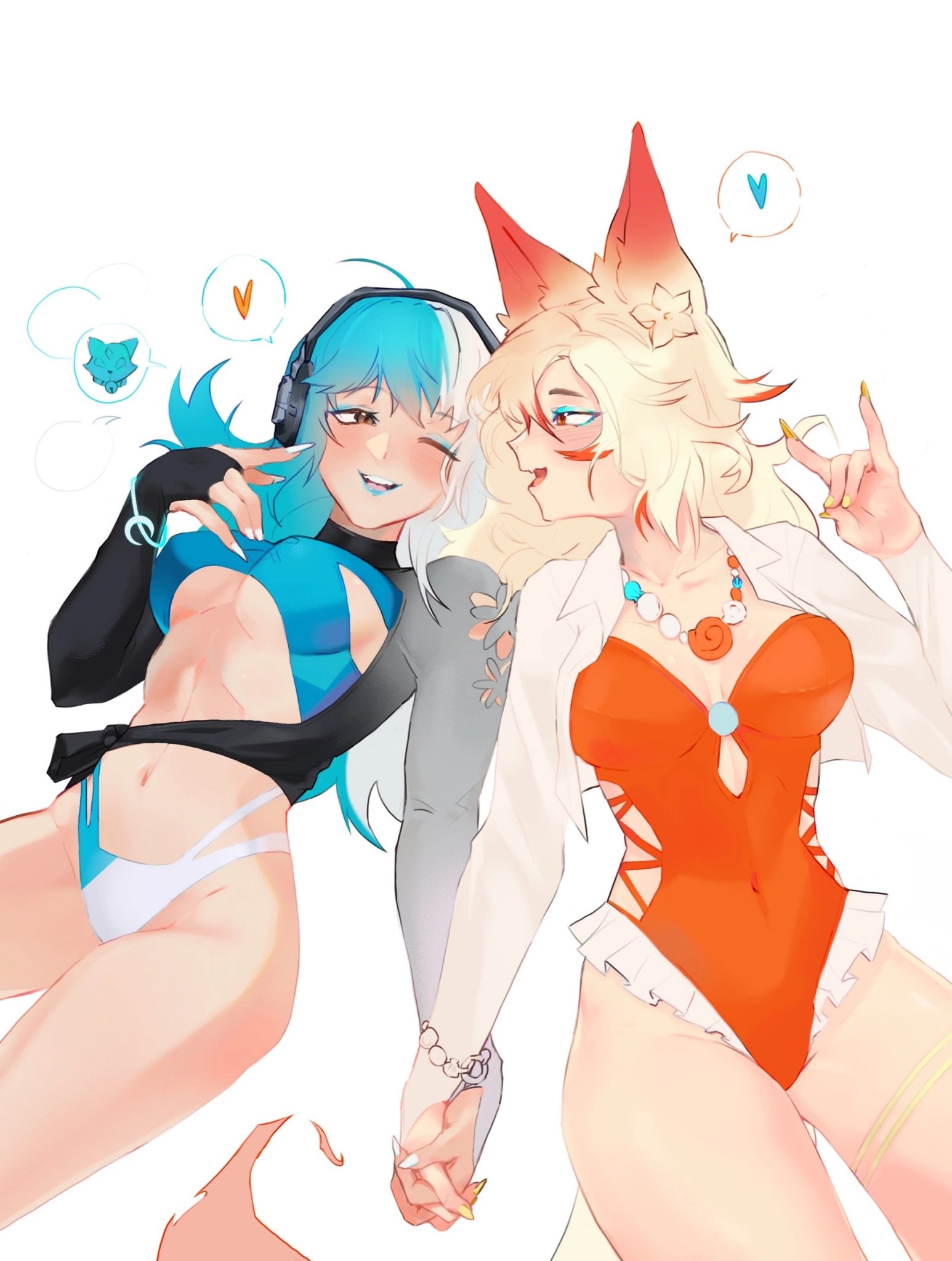 2d, 2girls, big ass, big breasts, cleavage, clothed, female, female only, fully clothed, holding hands, luna snow, luna snow (cool summer), luna snow (marvel rivals), marvel, marvel rivals, swimsuit, thick thighs, white fox (coastal kumiho), white fox (marvel rivals), white fox (marvel), yuri