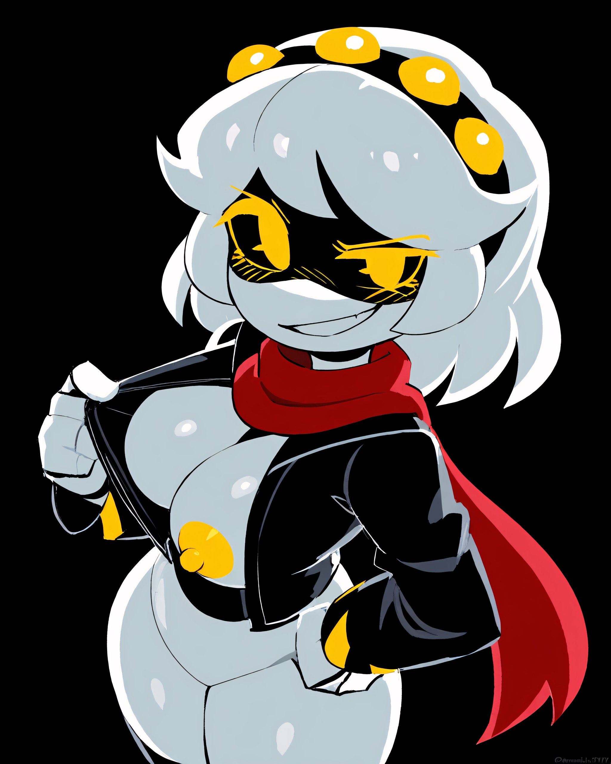 absurd res, ai generated, areolae, black jacket, bottomless, falsegate, flashing, flashing breasts, glitch productions, hand on hip, highres, jacket, medium hair, murder drones, nipples, one breast out, open coat, open jacket, red scarf, scarf, self upload, silver hair, smile, smirk, smug, stable diffusion, standing, uncensored, v (murder drones), white hair, yellow nipples