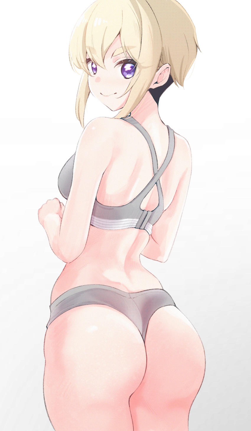 1girl, absurdres, ass, back, bare arms, bare shoulders, blonde hair, bra, breasts, butt crack, closed mouth, commentary request, cowboy shot, duplicate, from behind, grey bra, grey panties, hair between eyes, highres, kimi no koto ga dai dai dai dai daisuki na 100-nin no kanojo, lmtxxn, looking at viewer, looking back, medium breasts, panties, purple eyes, short hair, shoulder blades, sidelocks, simple background, smile, solo, sports bra, standing, sutou iku, thick eyebrows, thick thighs, thighs, undercut, underwear, underwear only, white background