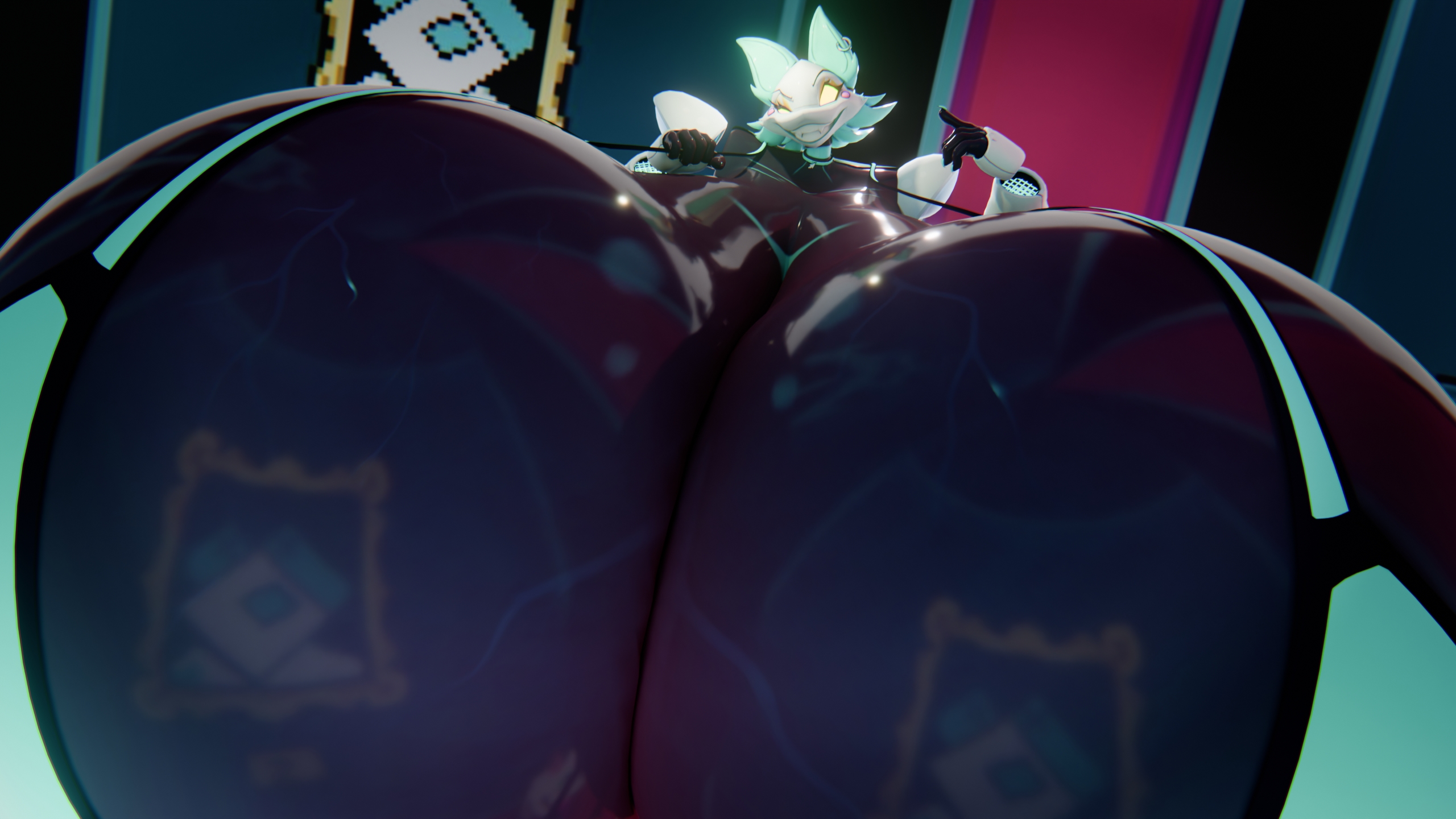 1female, 1girl, 3d, 3d (artwork), air inflation, anthro, barely clothed, barely contained breasts, big breasts, bikini, blue fur, blue skin, boobs, boobs out, breast expansion, breast inflation, breasts bigger than body, dark background, deltarune, expansion, female, female focus, female only, glistening, glistening body, glistening breasts, glowing eyes, grin, grinning at viewer, hi res, huge breasts, hyper, hyper breasts, inflation, lazy eye, low-angle view, notsobretheren, pointing at self, reflective body, sharp teeth, shiny, shiny skin, smile, solo, tasque manager (deltarune), textless, tight clothing, veins, veiny breasts