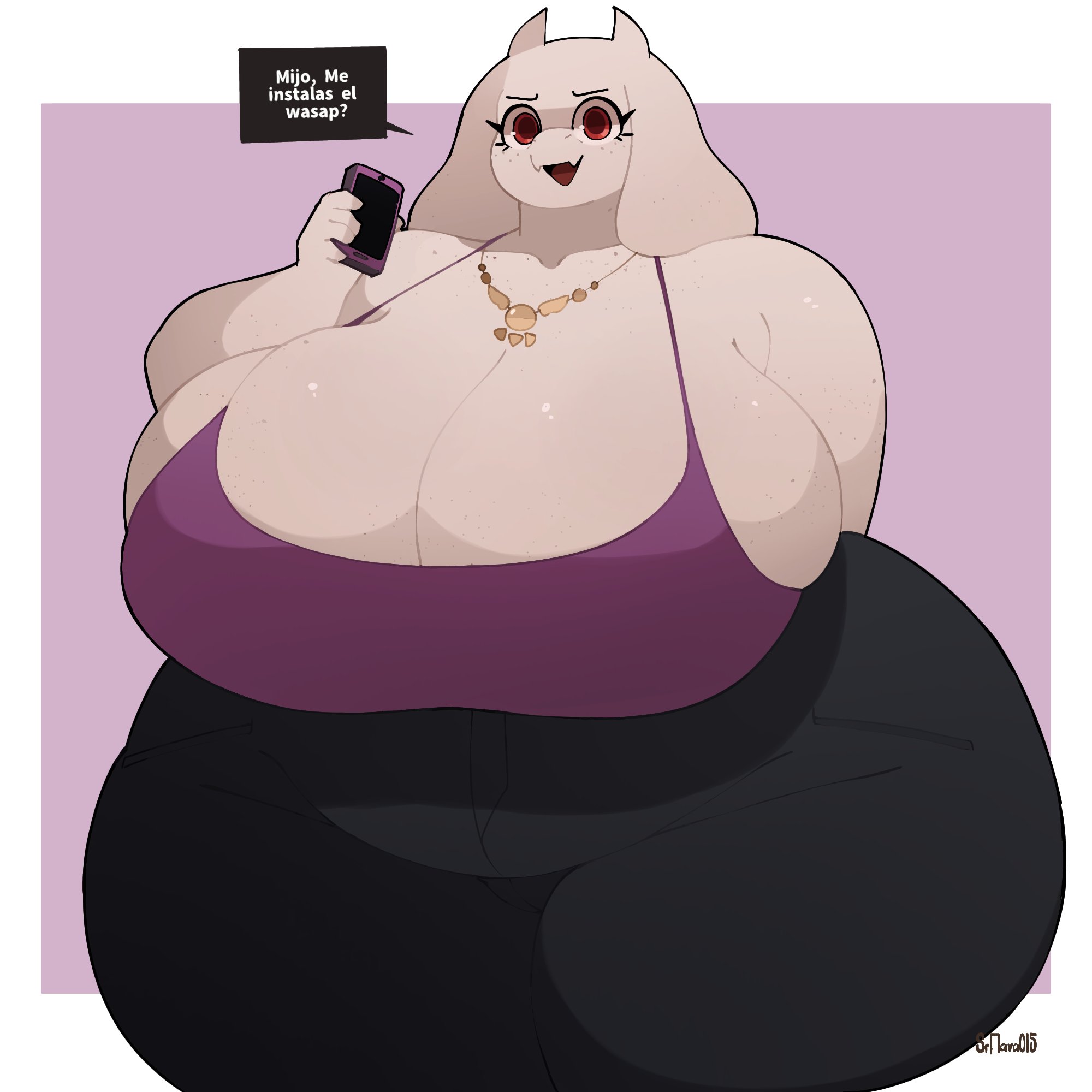anthro, big breasts, breasts, breasts bigger than head, chubby, cleavage, deltarune (symbol), dialog, goat, huge breasts, necklace, phone, srnava, text box, thick thighs, toriel, translated, undertale (series), whatsapp