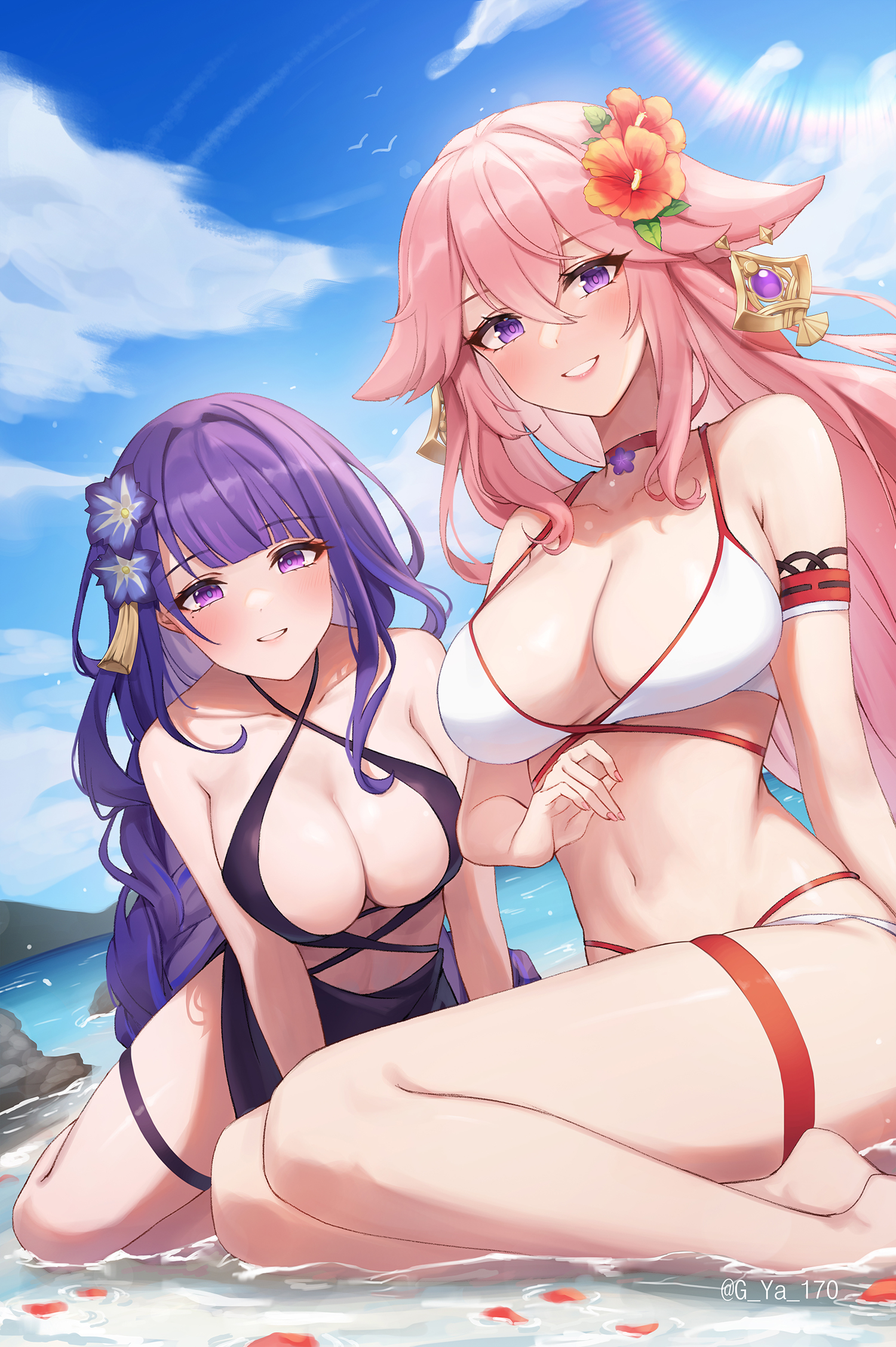 2girls, animal ears, armband, bare shoulders, bikini, blue sky, blush, bra, breasts, cleavage, cloud, earrings, floppy ears, flower, fox ears, g ya 170, genshin impact, grin, gya (144), hair between eyes, hair ornament, high resolution, highres, jewelry, large breasts, long hair, looking at viewer, mole, mole under eye, multiple girls, navel, parted lips, partially submerged, petals, pink hair, purple eyes, purple flower, purple hair, raiden shogun, rainbow, red petals, sky, smile, swimsuit, teeth, thigh strap, thighs, water, yae miko