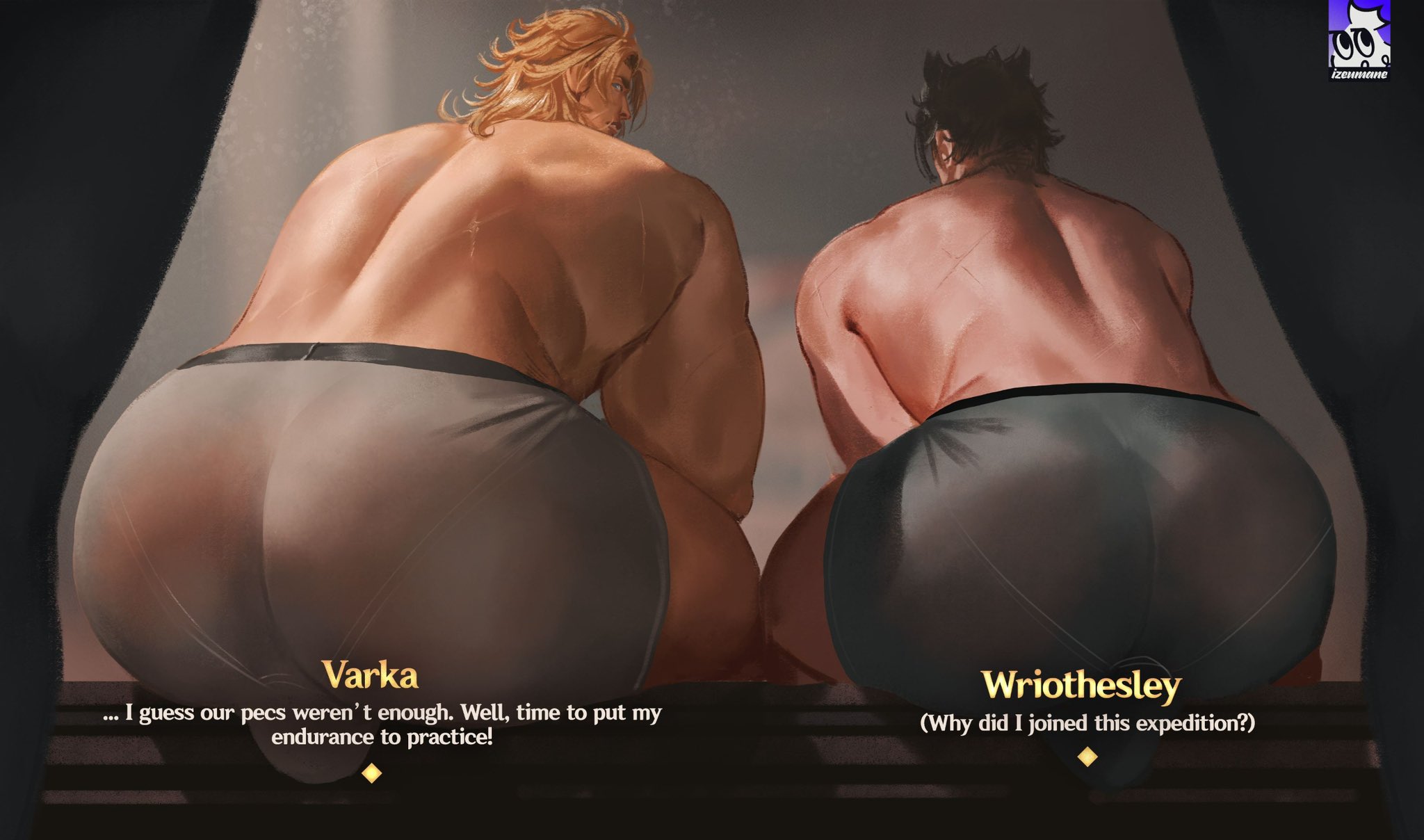 ass, ass bigger than head, back, back view, bara, big ass, big bulge, big butt, bubble ass, bubble butt, bulge, gay, genshin impact, izeumane, looking back, male, male focus, male only, male underwear, muscular, muscular male, round ass, round butt, take your pick, thick ass, thick thighs, underwear, underwear only, varka (genshin impact), wriothesley (genshin impact), yaoi