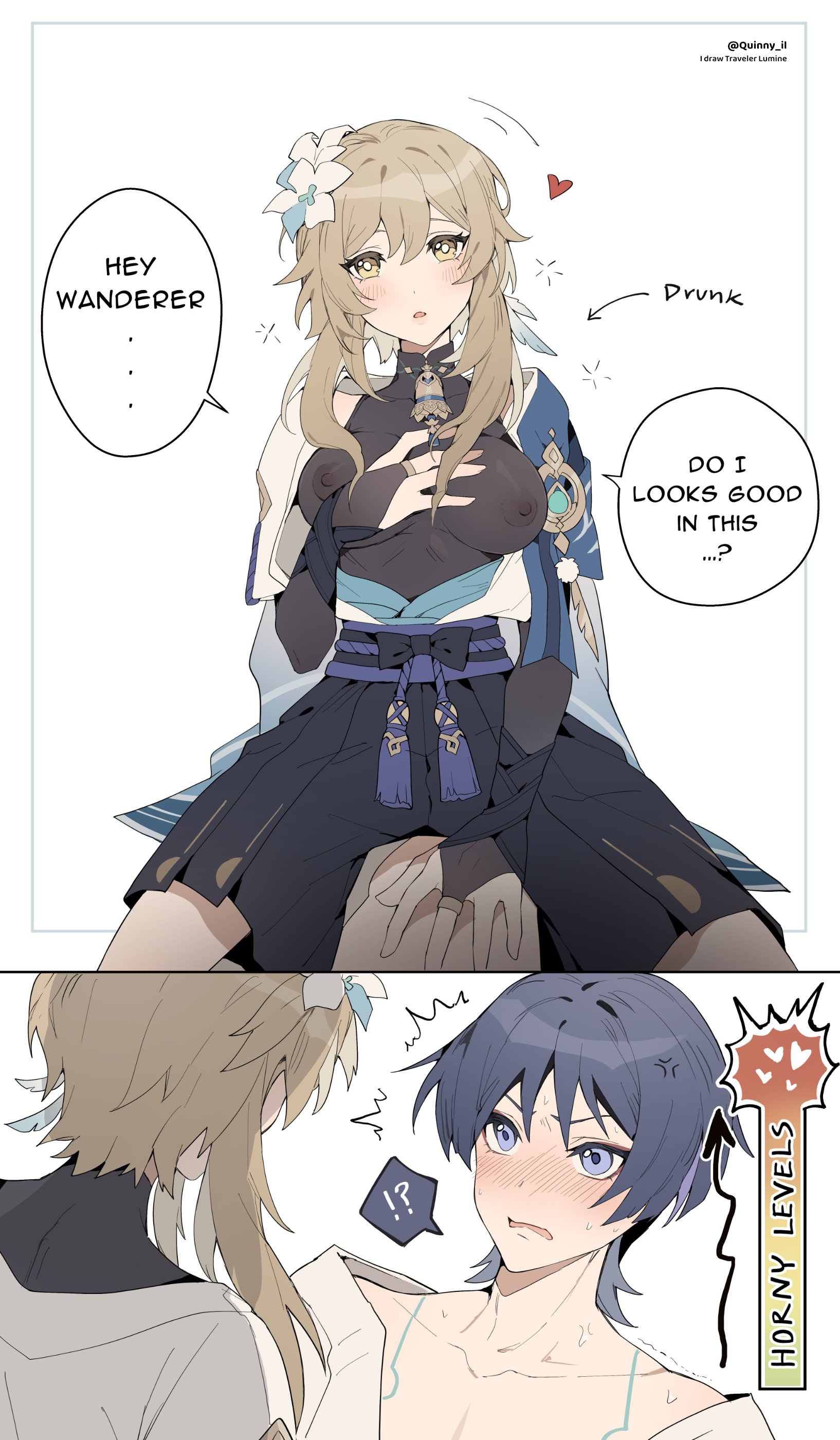 1boy, 1girl, asking a question, big breasts, blonde female, blonde hair, blush, breasts, breasts visible through clothing, drunk, drunk female, english text, female, genshin impact, heart, horny, horny male, lumine (genshin impact), male, male/female, nipples visible through clothing, outfit swap, quinny il, scaramouche (genshin impact), straddling, straight, surprised expression, tight shirt, wanderer (genshin impact)