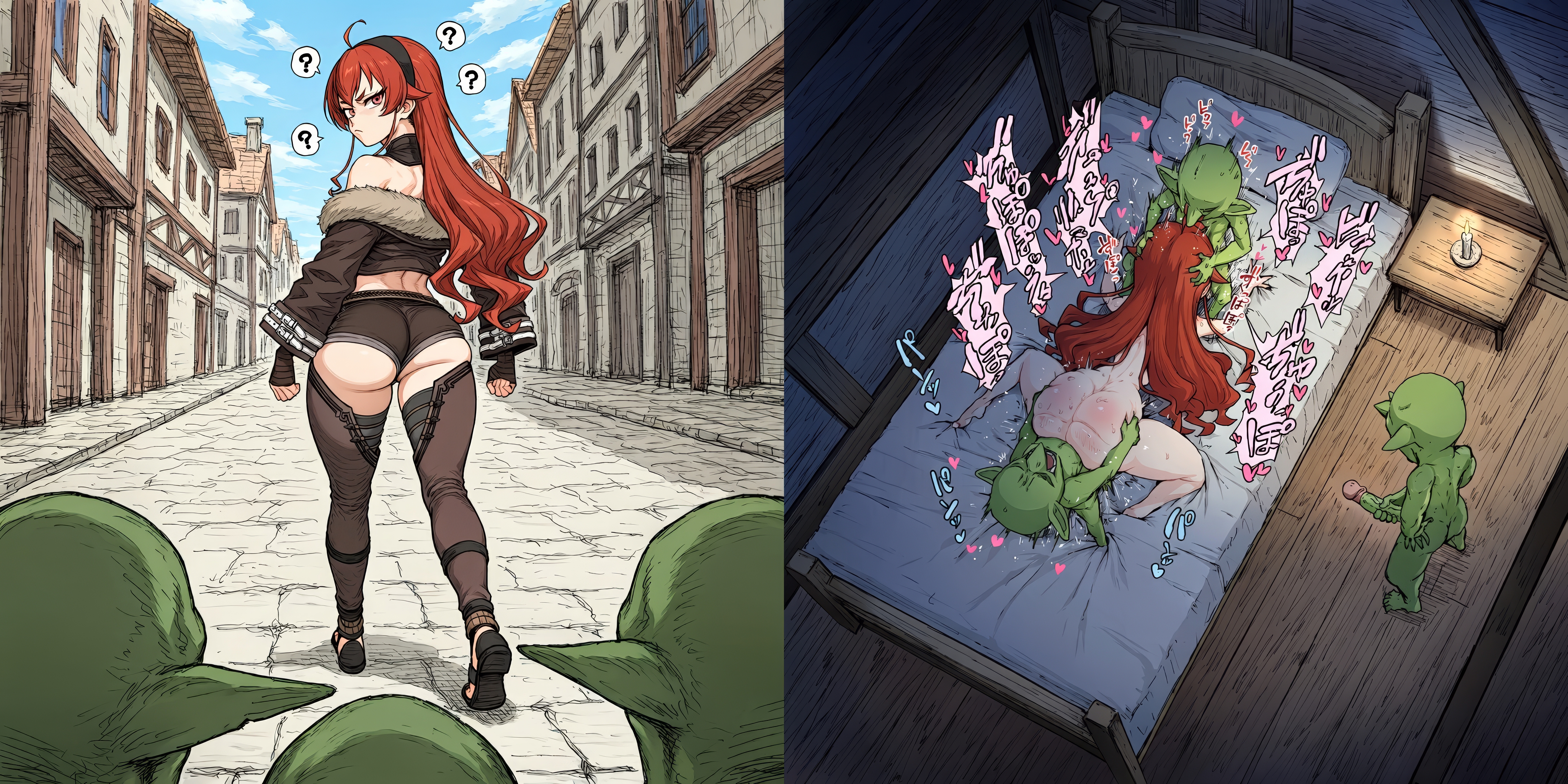 1girls, 2koma, 3boys, ai generated, angry, angry expression, angry face, ass, ass grab, back view, bedroom, before and after, big ass, big butt, butt, city, clothed, clothed female, clothing, completely nude, completely nude female, double penetration, eris greyrat, from above, goblin, goblin male, huge ass, huge butt, implied fellatio, implied oral, indoors, instant loss 2koma, intersex, interspecies, jerking, jerking off, jerkingoff, legwear, light skin, light-skinned female, looking back, mushoku tensei, outside, pale skin, pale-skinned female, question mark, red eyes, red hair, size difference, smaller male, taller female, thighs, town, upscaled, walking