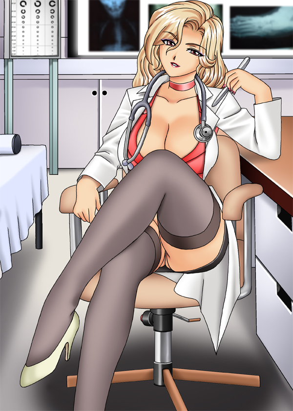black skirt, blonde hair, chair, crossed legs, doctor, female, gaden, game cg, high heels, hospital, labcoat, looking at viewer, miniskirt, no underwear, pencil skirt, sitting, skirt, solo, stethoscope, stockings, thighhighs, tight skirt, upskirt, x-ray