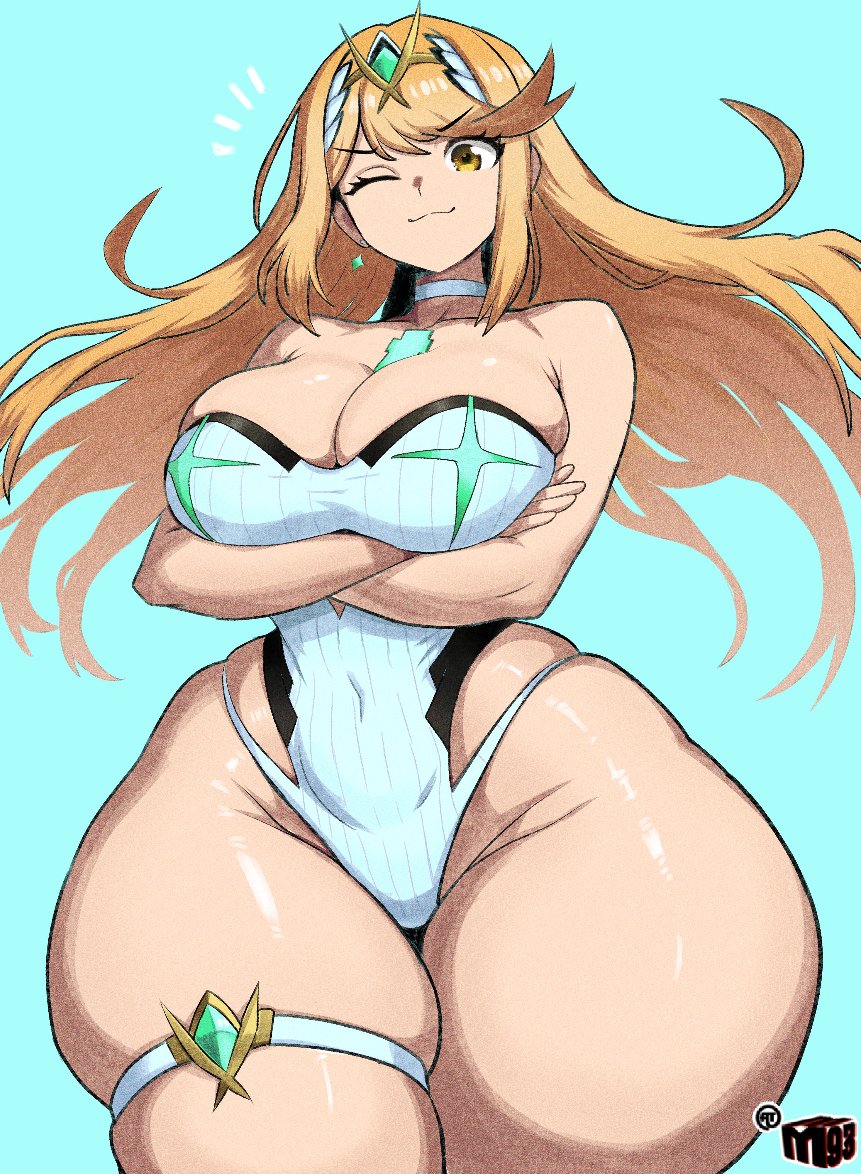 ;), bare shoulders, blonde hair, blue background, cleavage, crossover, curvy, fat thighs, female, female only, large breasts, long hair, mewmaster93, mythra, nintendo, one eye closed, skindentation, smile, standing, thick thighs, wide hips, winking at viewer, xenoblade (series), xenoblade chronicles 2