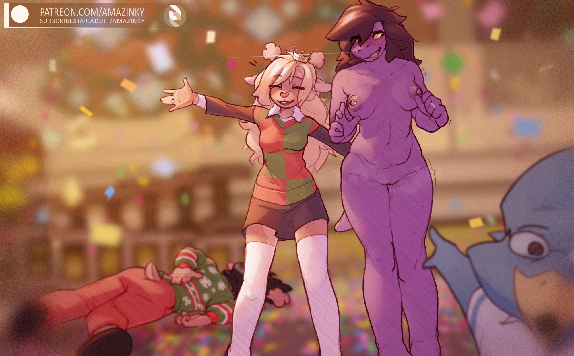2girls, amazinky, anthro, berdly, breasts, deltarune, embarrassed, embarrassed nude female, enf, exhibitionism, family guy death pose, female, noelle holiday, nude, only one naked, pointing soyjak, public, public nudity, pussy, rudy holiday, susie (deltarune), tagme
