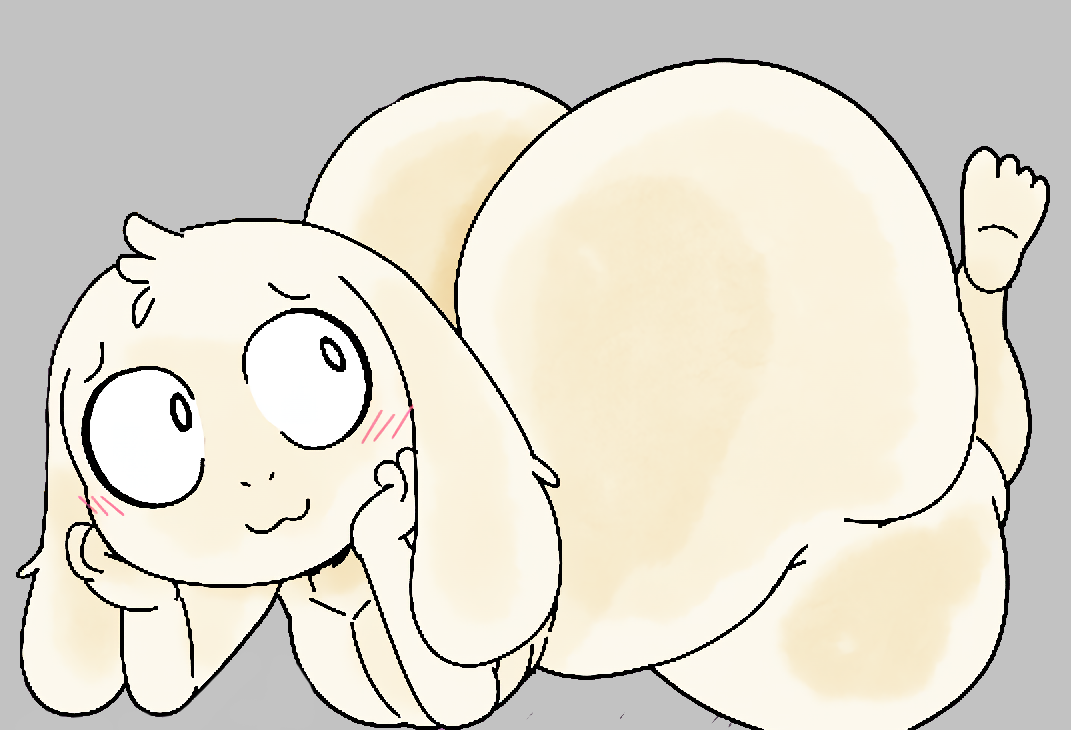 :3, 1boy, asriel dreemurr, ass, big ass, big ears, blush, boss monster (undertale), completely nude, cub, fluffy, furry, furu flami, goat boy, humanoid, male, nude, simple background, thick thighs, thighs, undertale, undertale (series), white fur, younger male