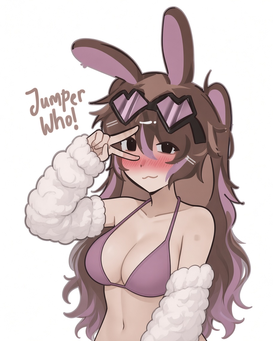 arm warmers, blush, blushing, brown hair, bunny ears, clothed, cute, jumperwho, lifesteal smp, mcyt, minecraft, minecraft youtubers, pink glasses, pink underwear, unstable universe