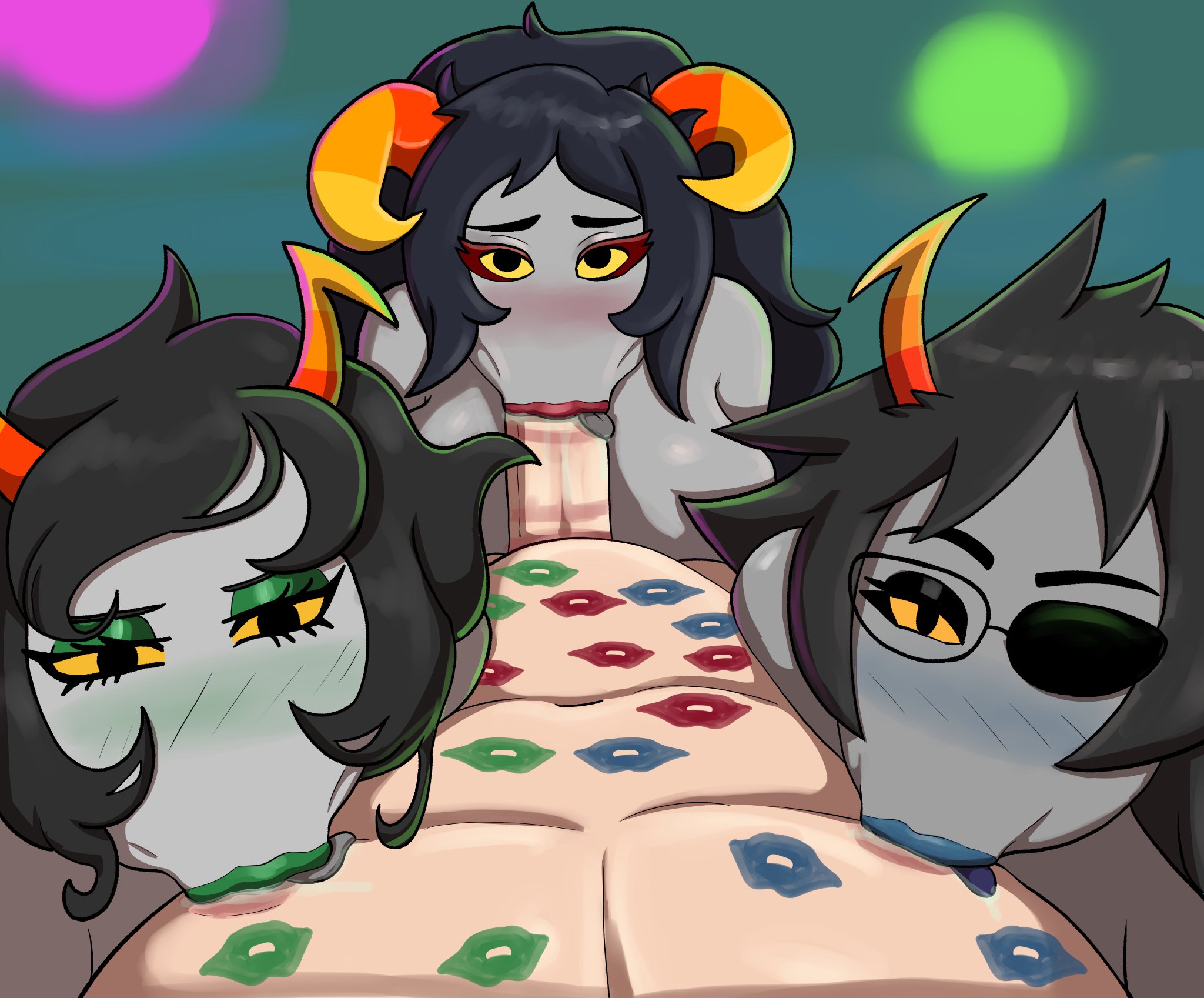 :>=, 1ambiguous, 1boy, 2026, 3girls, amab, aradia megido, assisted fellatio, black hair, blowjob, blue lipstick, blush, breasts, commission, deformed face, eyepatch, fellatio, female, glasses, green lipstick, grey skin, harem, homestuck, horns, hyper mouth bulge, kanaya maryam, kissing, lipstick, lipstick mark, lipstick on penis, long hair, looking at viewer, ms paint adventures, multiple girls, nude, original, pov, rainbow party, red lipstick, short hair, straight, teamwork, tongue, tongue out, tool01k, troll, vriska serket, yellow eyes