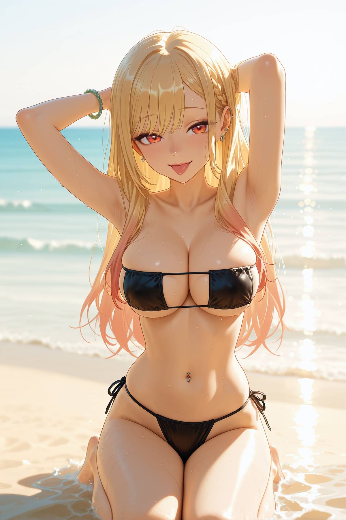 1girl, 2025, 2026, 4k, absurd res, absurdres, ai, ai art, ai assisted, ai generated, ai-created, ai-generated, alphai, anime, arm pit, arms up, average breasts, bangs, beach, bikini, black bikini, blonde hair, blushing, bracelet, braid, breasts, bust, busty, cinematic lighting, cleavage, close-up, clothing, colorful background, curvy, curvy ass, curvy body, curvy female, curvy figure, curvy hips, day, depth of field, detailed hair, detailed skin, detailled background, dramatic shadows, ear piercing, earrings, eyebrows visible through hair, eyelashes, eyeliner, eyepatch bikini, female, female face, female focus, female only, front view, gradient hair, hands behind head, high quality, high resolution, highres, jewelry, kitagawa marin, kneeling, large breasts, legs together, long hair, looking at viewer, marin kitagawa, medium breasts, my dress up darling, narrow waist, naughty face, navel, navel piercing, ocean, outdoors, particles, patreon, patreon link, patreon url, patreon username, piercing, pink hair, raised eyebrows, red eyes, sand, seductive eyes, slender, slim waist, smile, solo, sono bisque doll wa koi wo suru, square bikini, sweat, swimwear, tall female, tongue out, two-tone hair, volumetric lighting, water, watermark